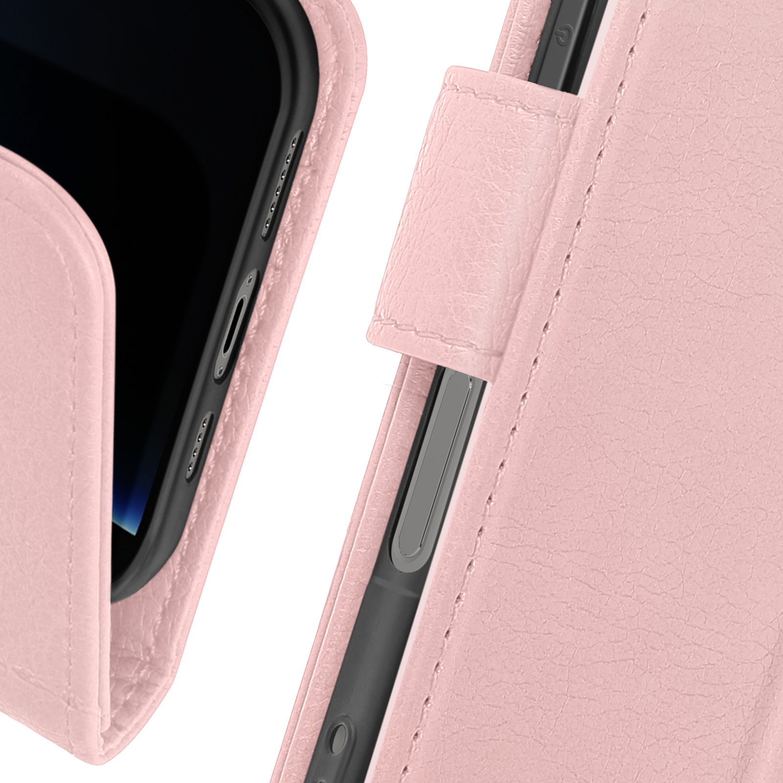 Custodia rosa del telefono, aperta, che mostra i pulsanti laterali. Sfondo beige.