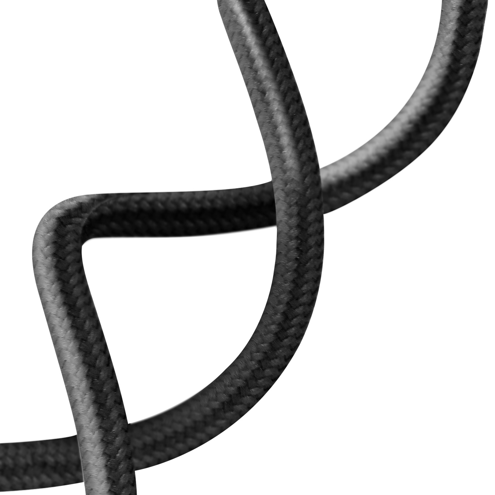 Cavo nero intrecciato, con una forma curva, isolato su sfondo bianco.