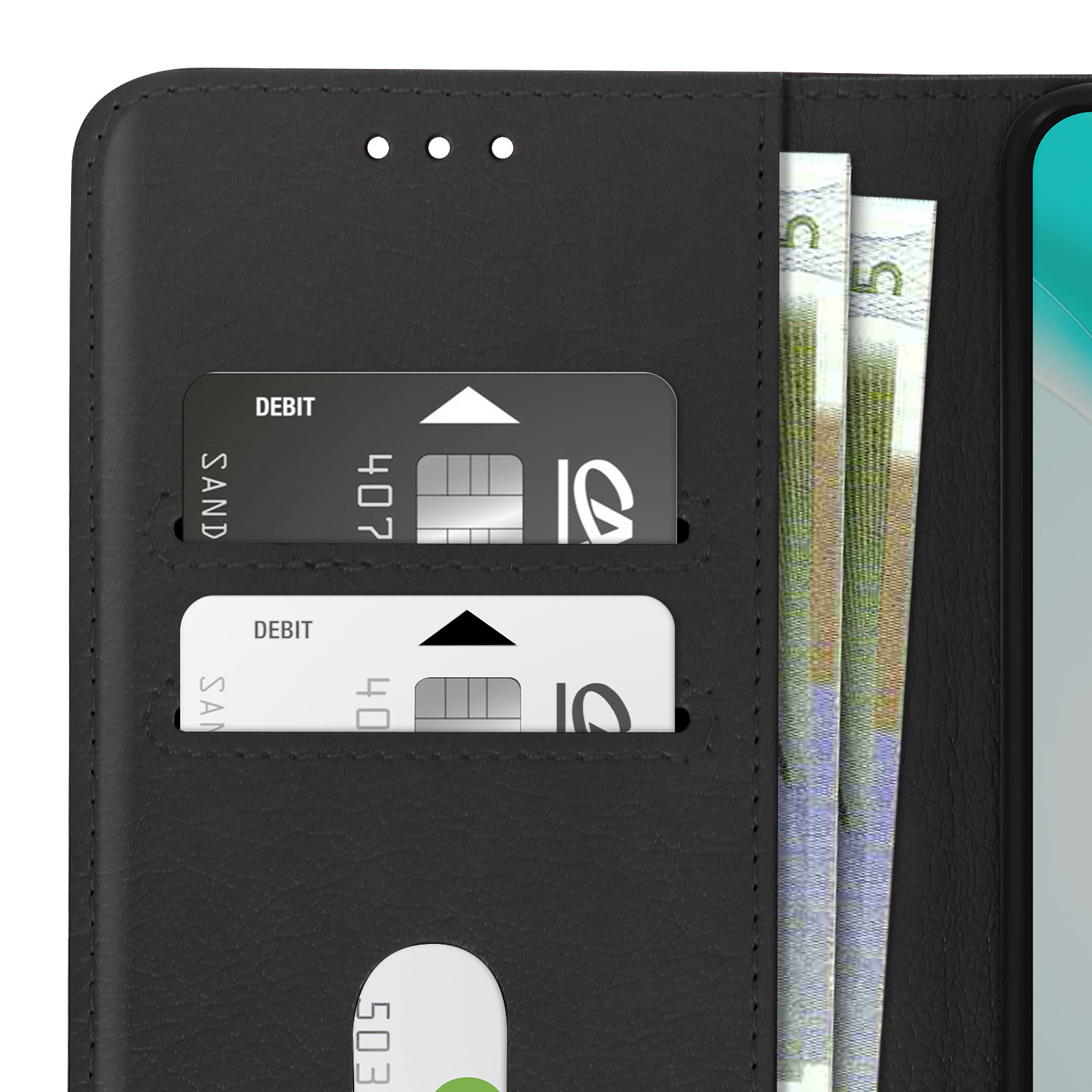 Custodia nera per telefono con fessure per carte e denaro. Carte di debito visibili.