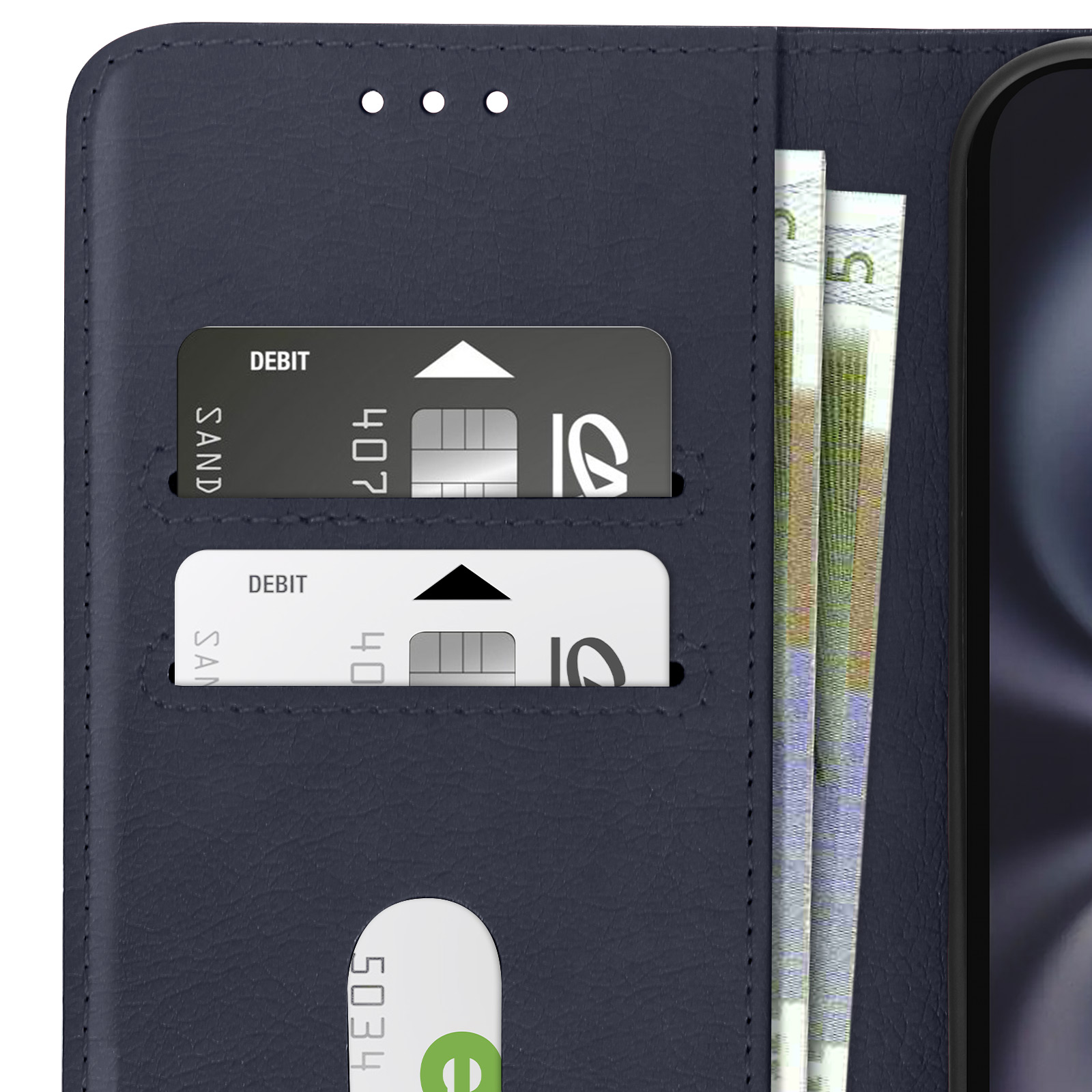 Custodia blu scuro aperta, mostra carte di credito e denaro all'interno.