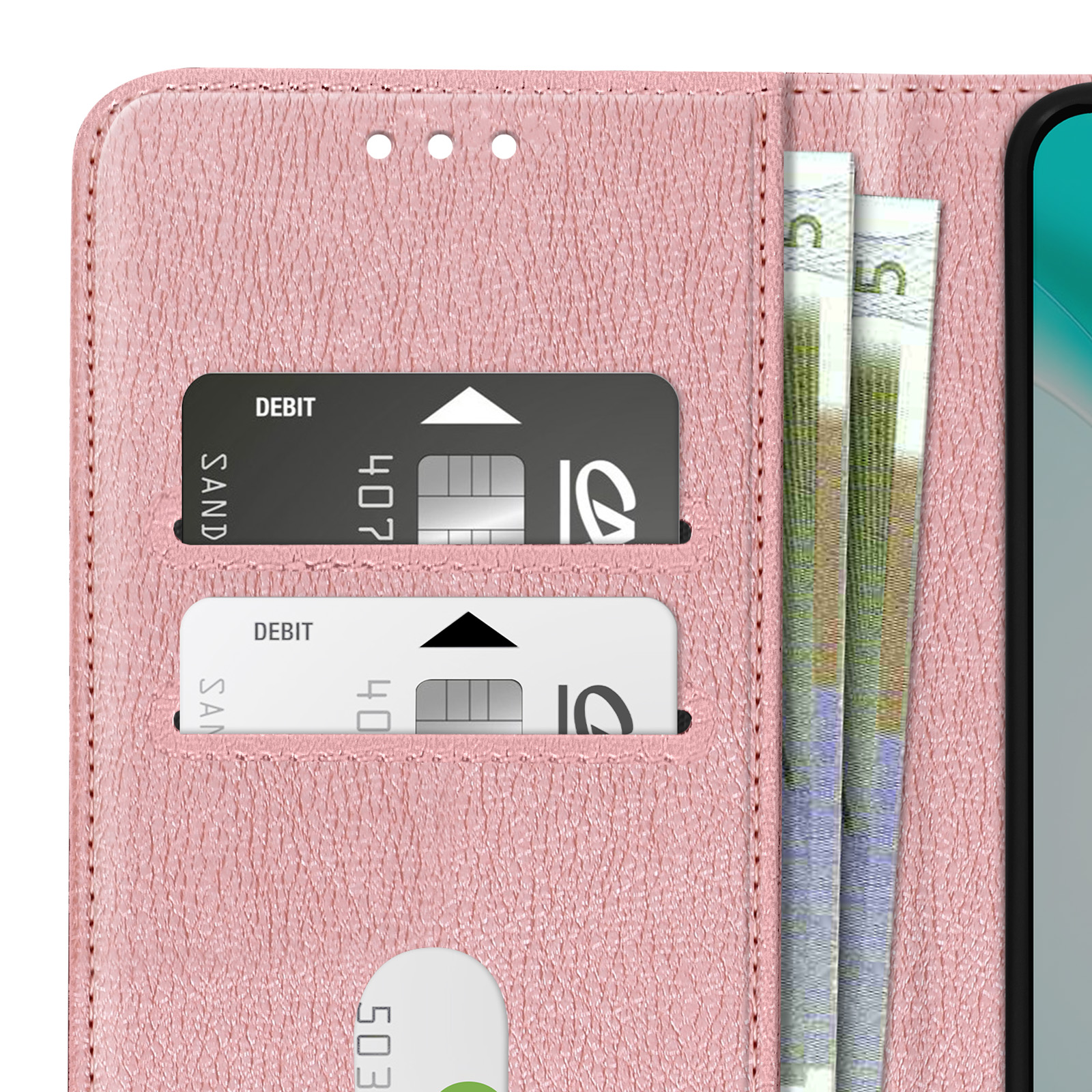 Custodia rosa per telefono con fessure per carte e denaro. Carte di debito visibili.