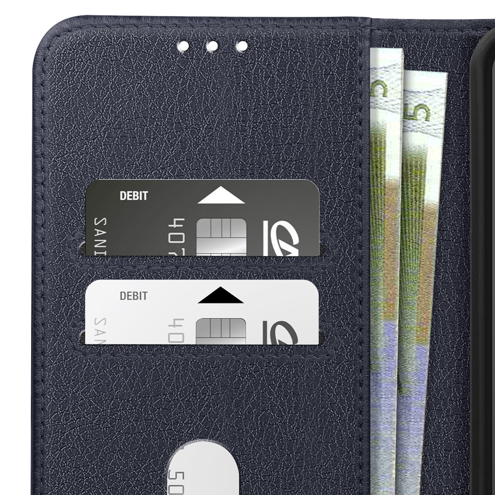 Custodia blu scuro aperta, mostra carte di credito e denaro all'interno.