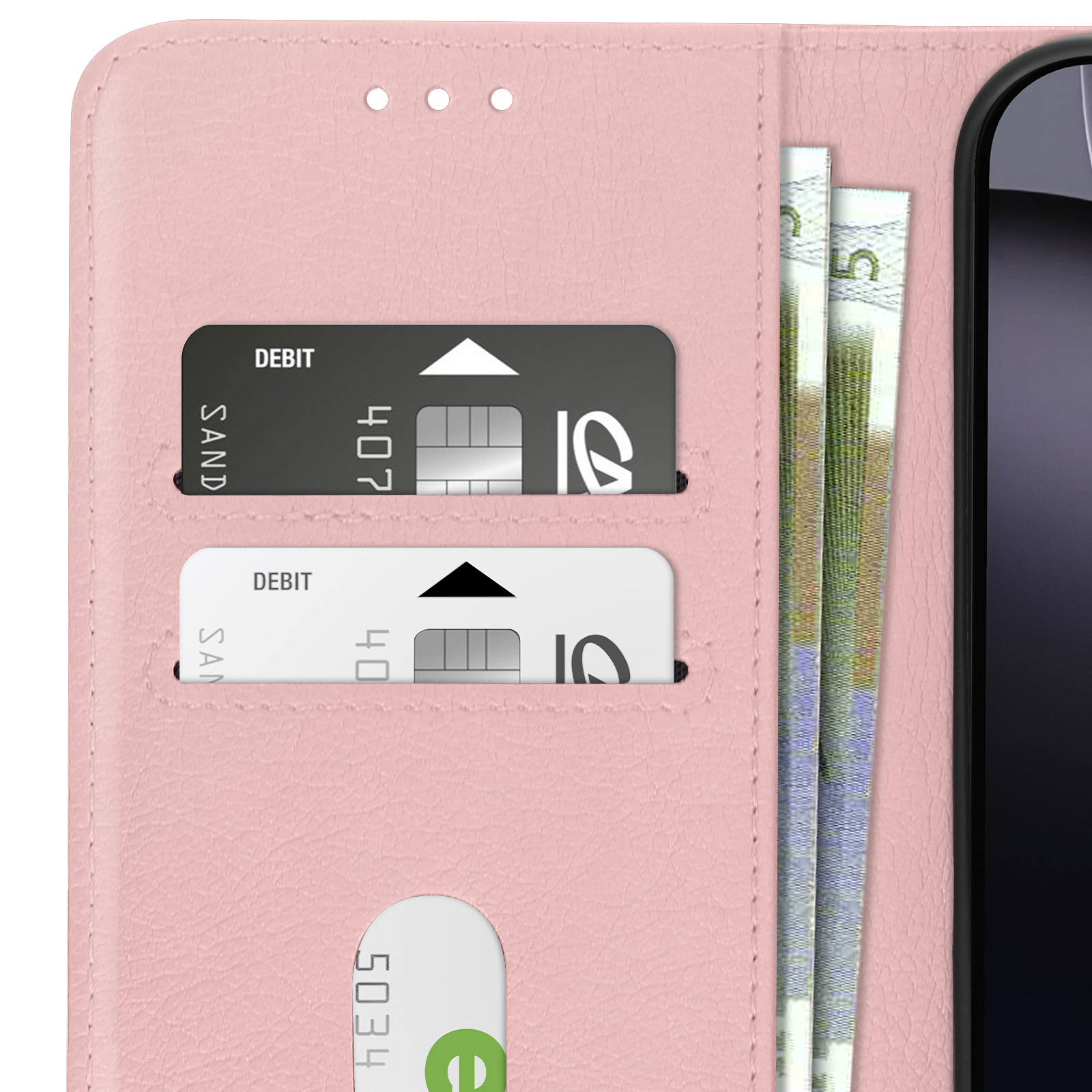 Custodia rosa aperta, mostra carte di credito e denaro all'interno.