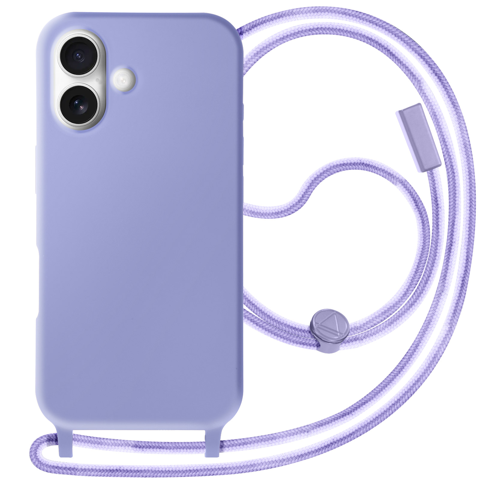 Custodia per telefono viola con cordino, telefono con due fotocamere visibili.