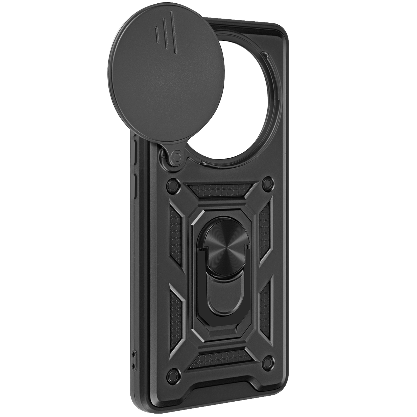 Custodia per telefono nera con copertura per fotocamera e supporto ad anello. Lo sfondo è bianco.