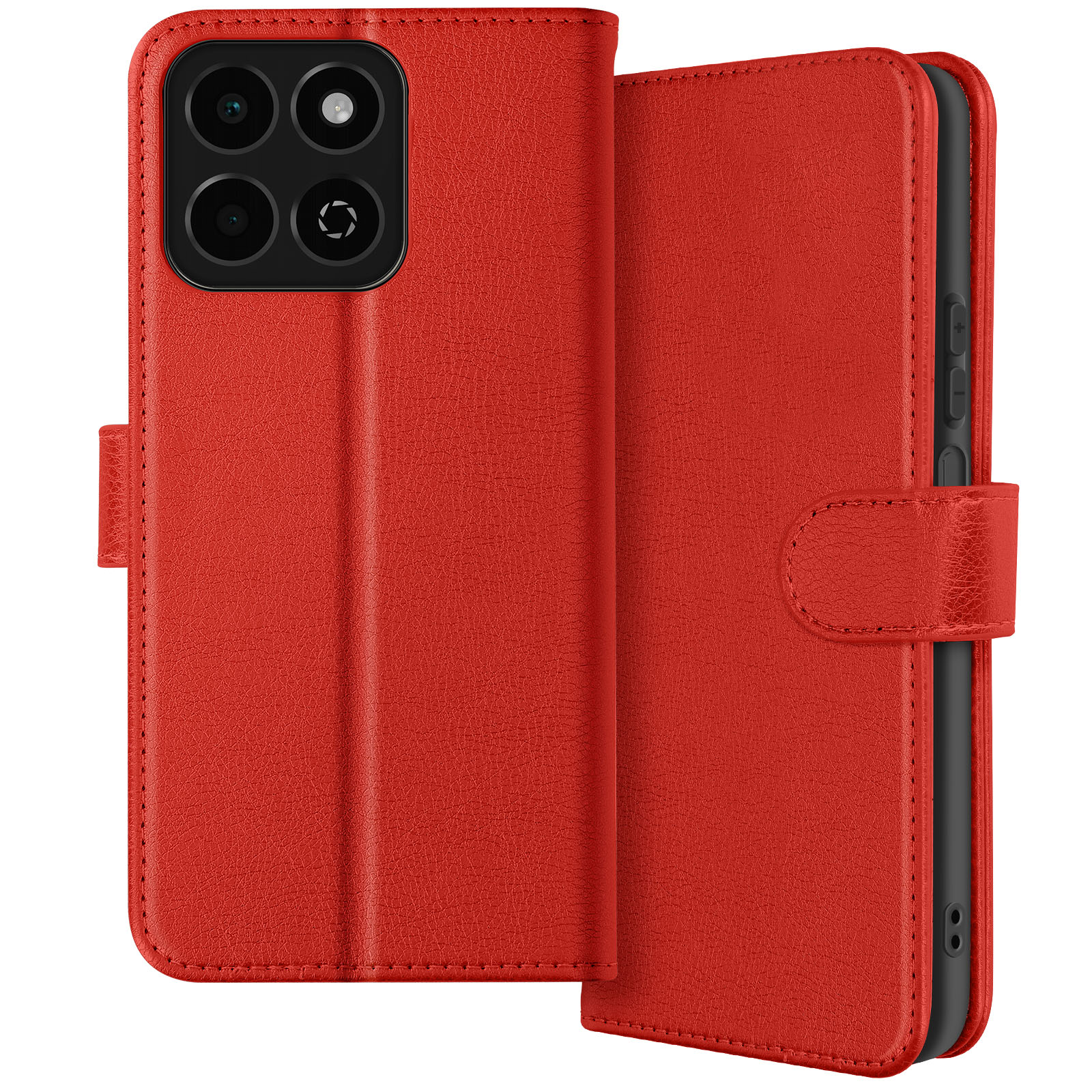 Custodia rossa per telefono, aperta, con telefono e lenti della fotocamera visibili.