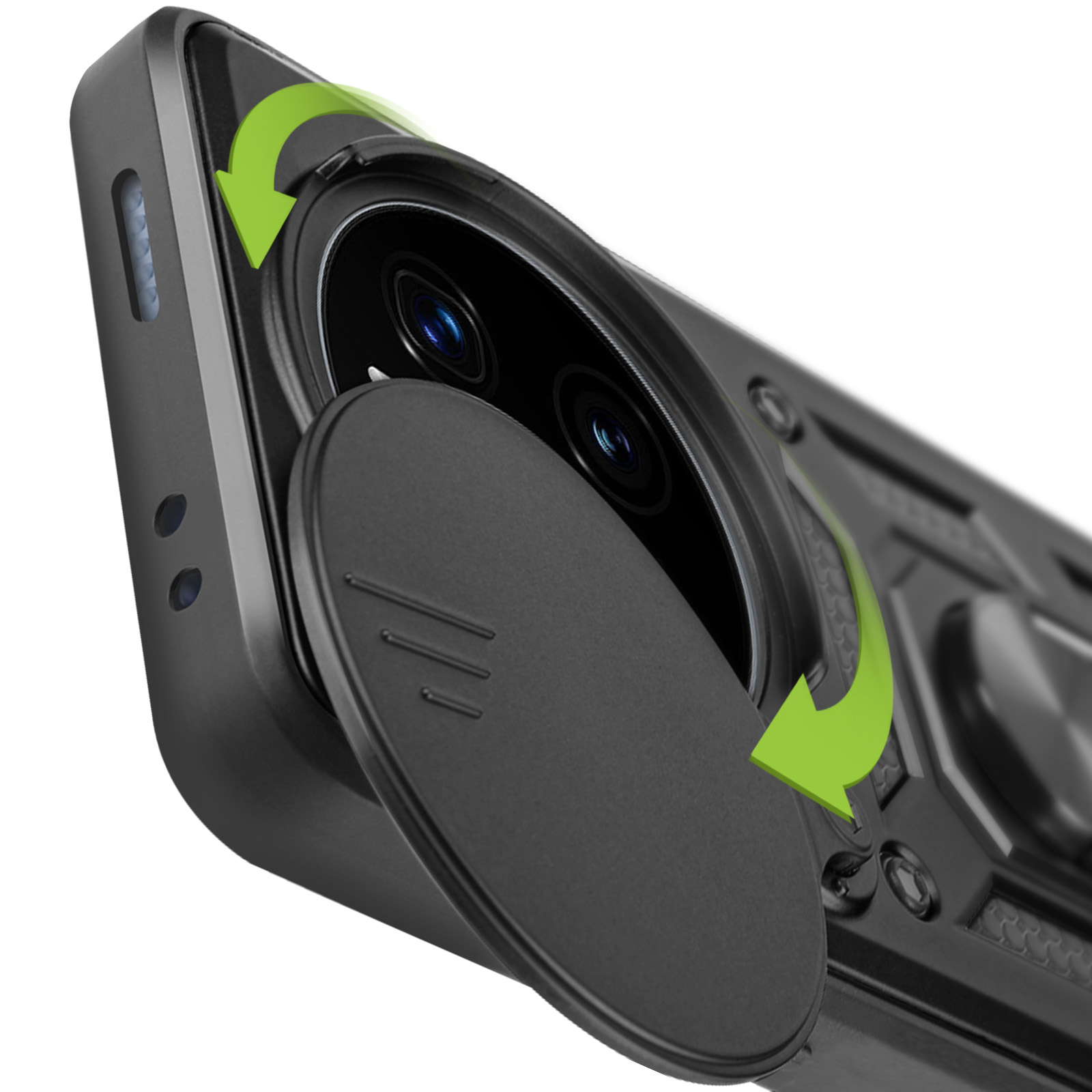 Primo piano di una custodia per telefono nera con obiettivi della fotocamera. Il coperchio della fotocamera è aperto.