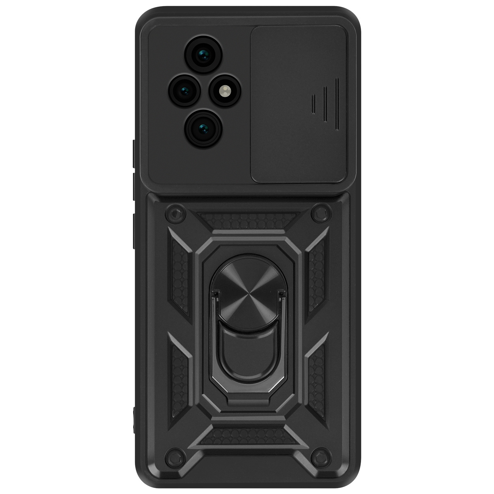 Custodia nera per telefono con supporto ad anello e copertura della fotocamera.