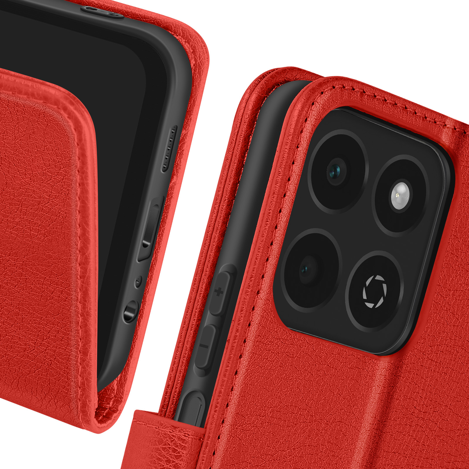 Primo piano della custodia rossa del telefono, che mostra la fotocamera e i pulsanti laterali.