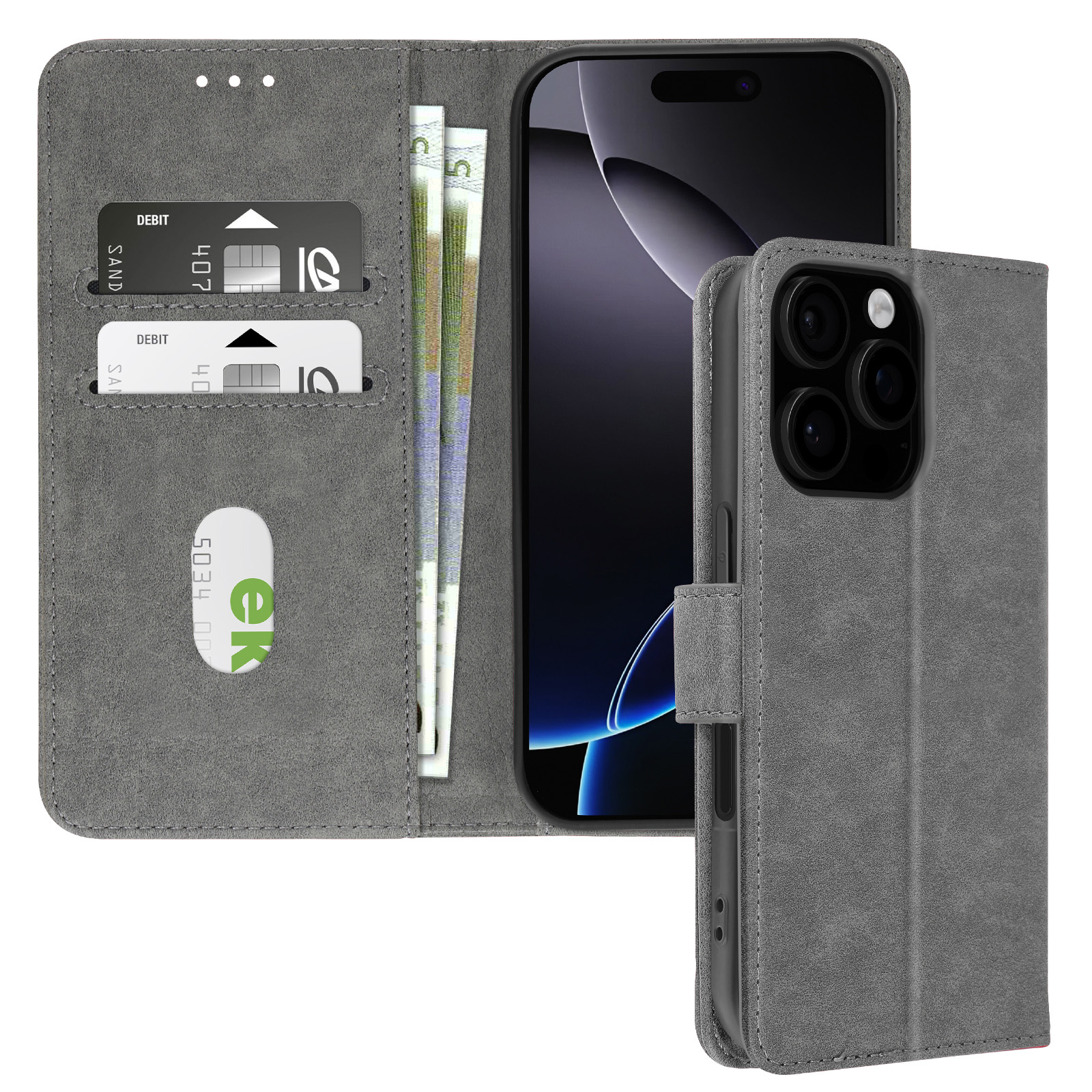 Custodia grigia per telefono con fessure per carte e denaro. Telefono visibile.