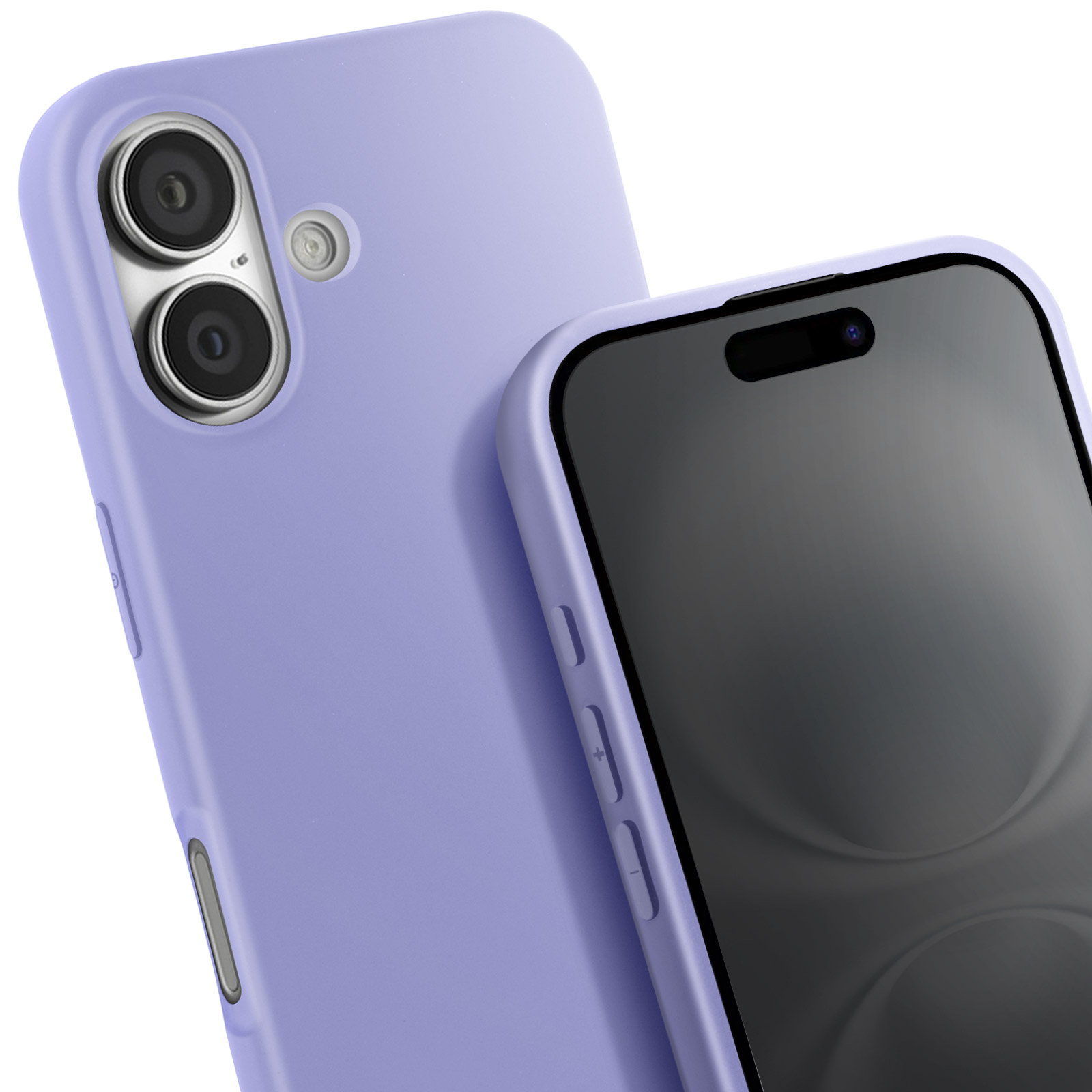 Due telefoni, uno lavanda, uno nero. Il telefono lavanda è in una custodia lavanda.