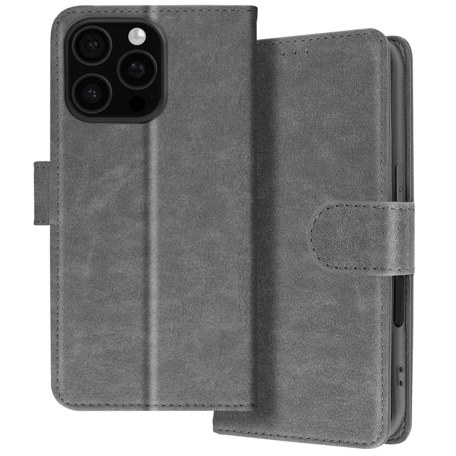 Custodia grigia per telefono, chiusa, che mostra le lenti della fotocamera sul retro. La cover anteriore è visibile.