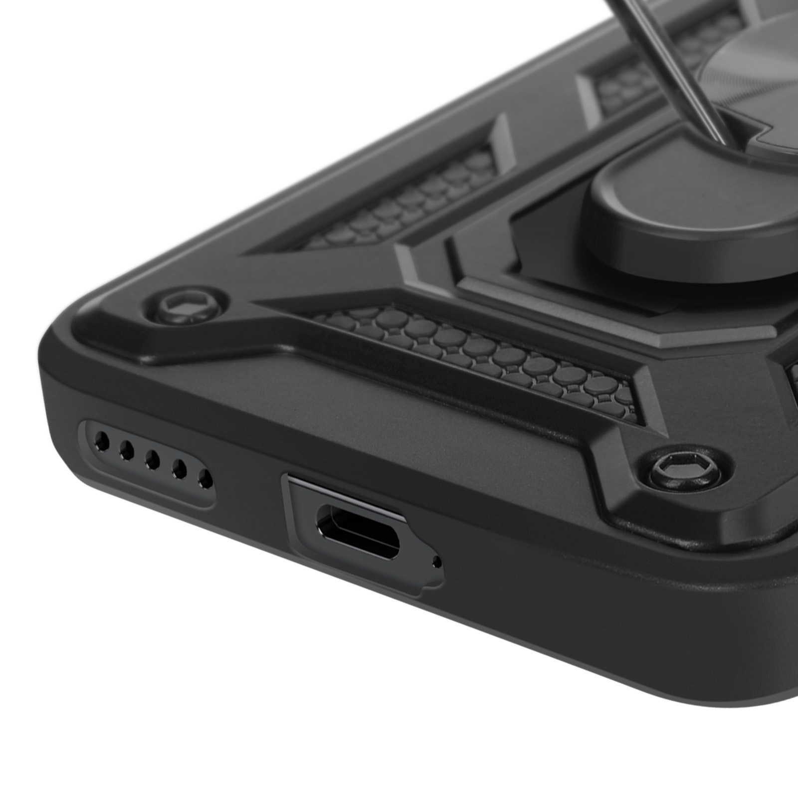 Custodia per telefono nera, primo piano della parte inferiore. Mostra una porta e un supporto ad anello.