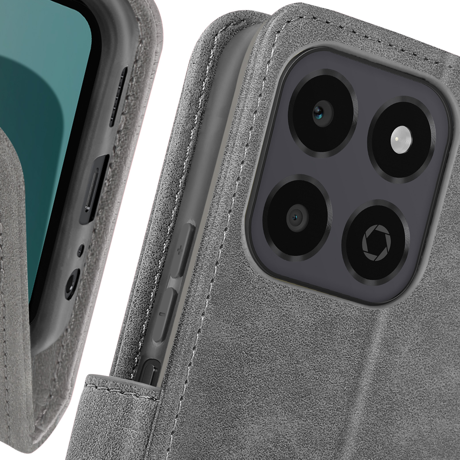 Custodia grigia per telefono, primo piano della fotocamera e dei pulsanti laterali. La cover è chiusa.