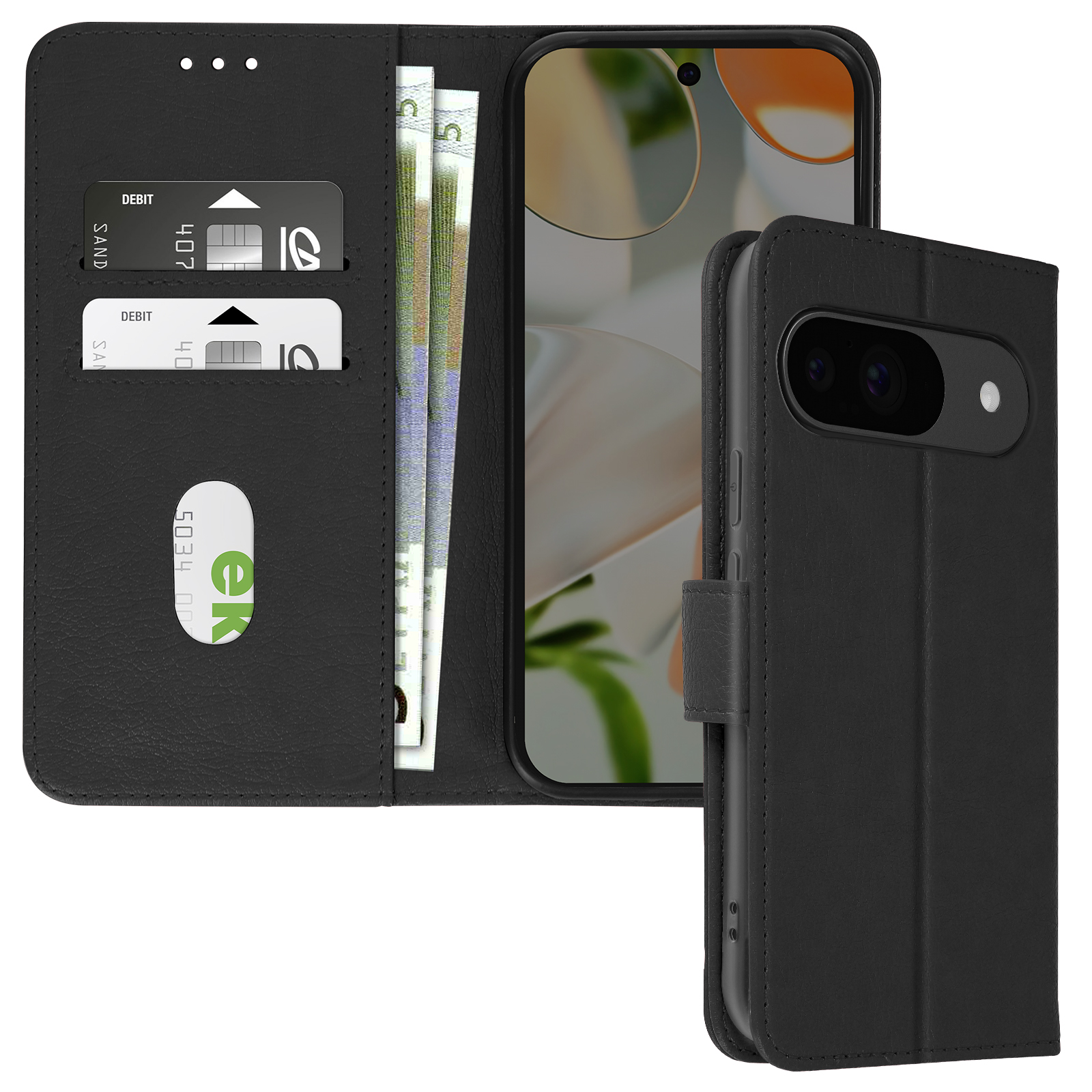 Custodia per telefono nera con portafoglio, che mostra lo schermo del telefono, carte e denaro visibili.