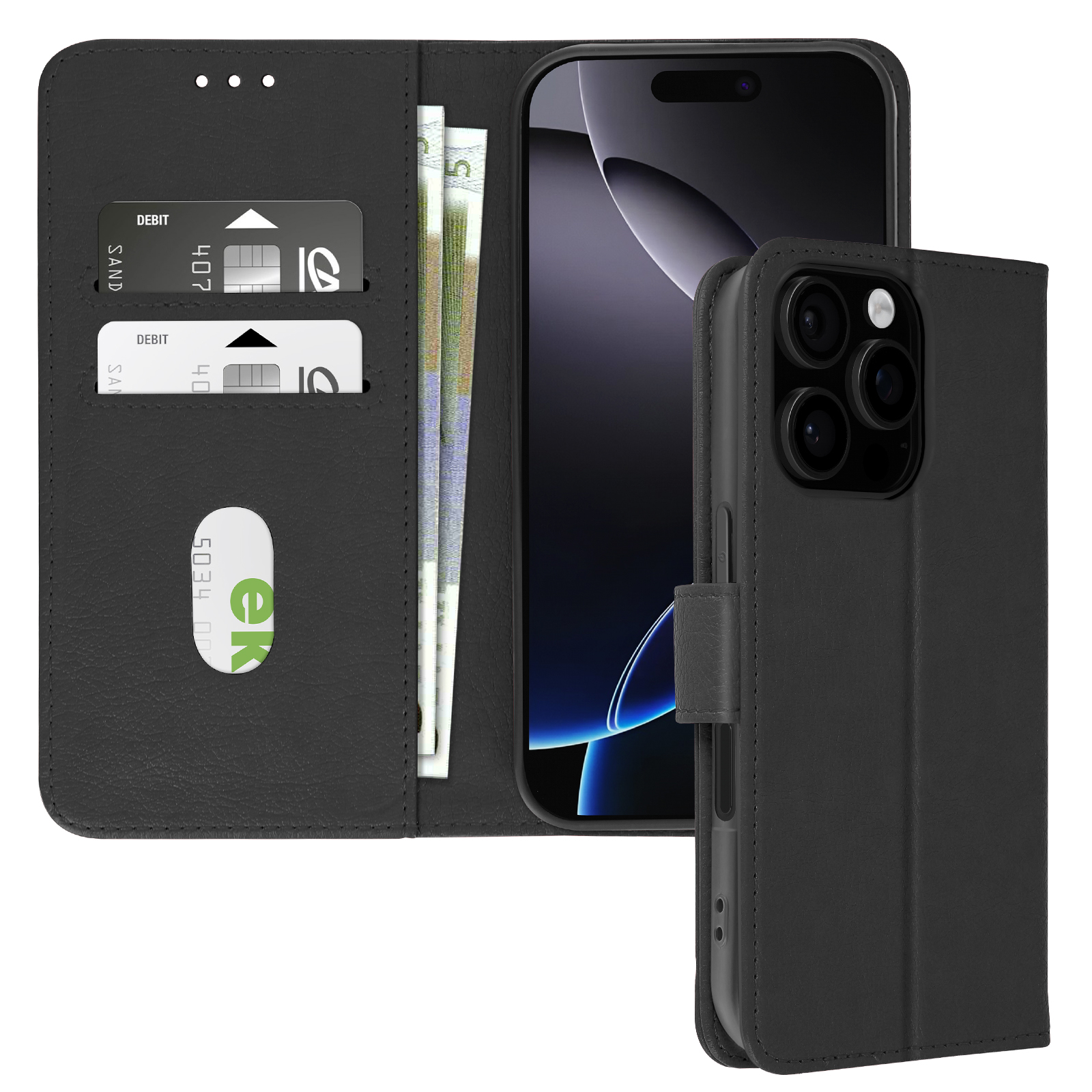 Custodia per telefono nera con portafoglio, telefono, carte e contanti visibili. È aperta e angolata.