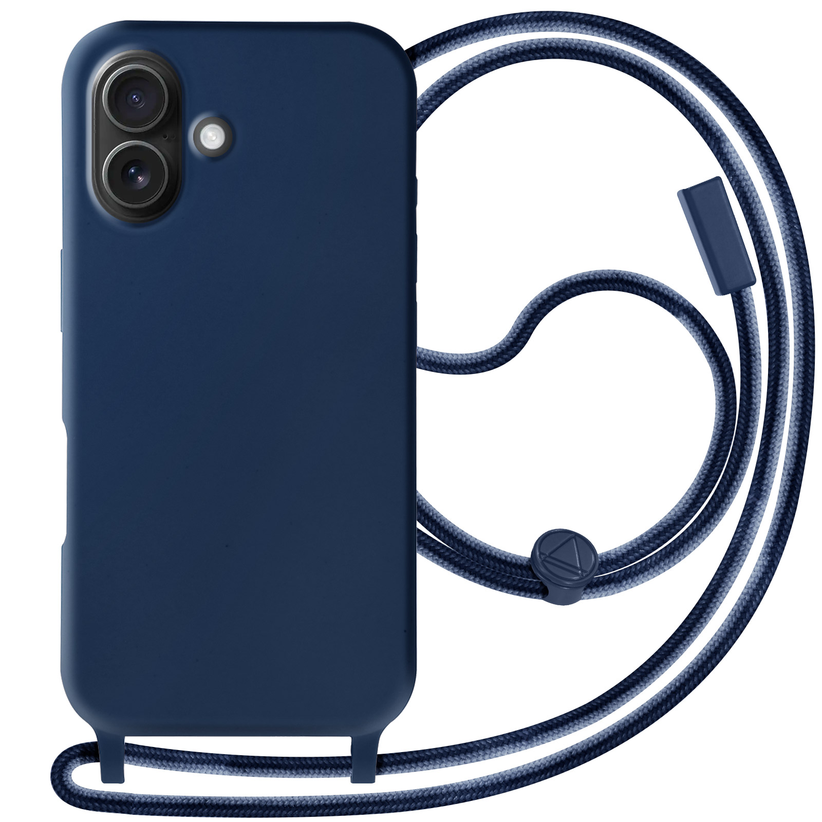 Custodia blu per telefono con un cordino blu. Il telefono è all'interno e ha due fotocamere. Sfondo bianco.