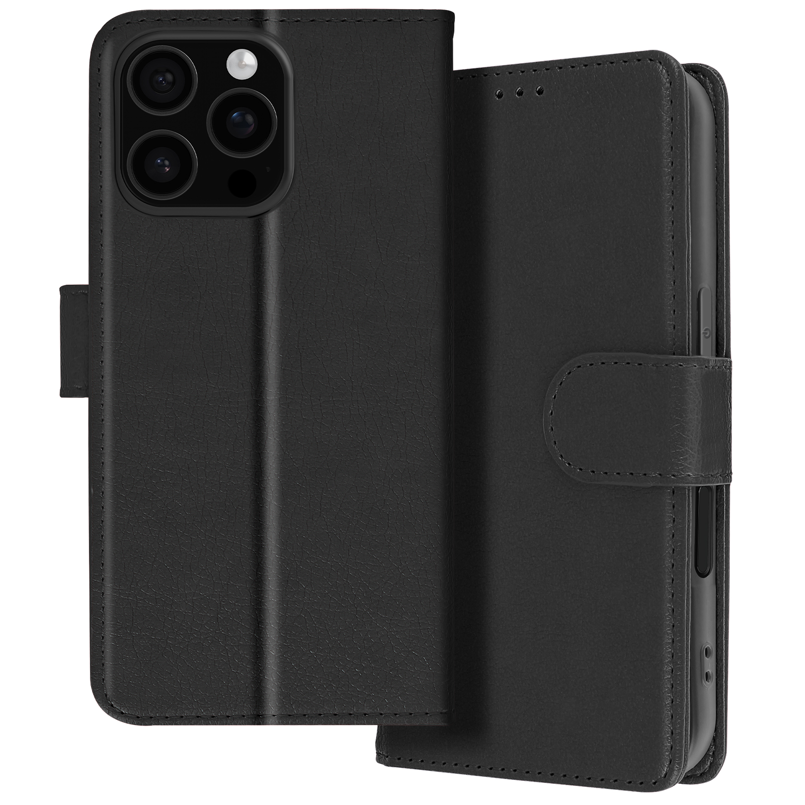 Custodia per telefono in pelle nera, aperta per rivelare il telefono. Fotocamere visibili e chiusura magnetica.