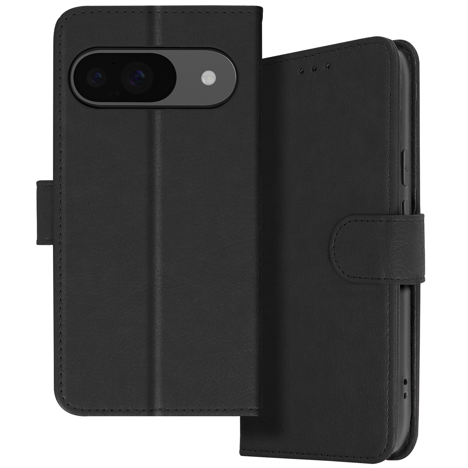 Custodia per telefono in pelle nera, aperta per rivelare il telefono. Fotocamera singola e chiusura magnetica.