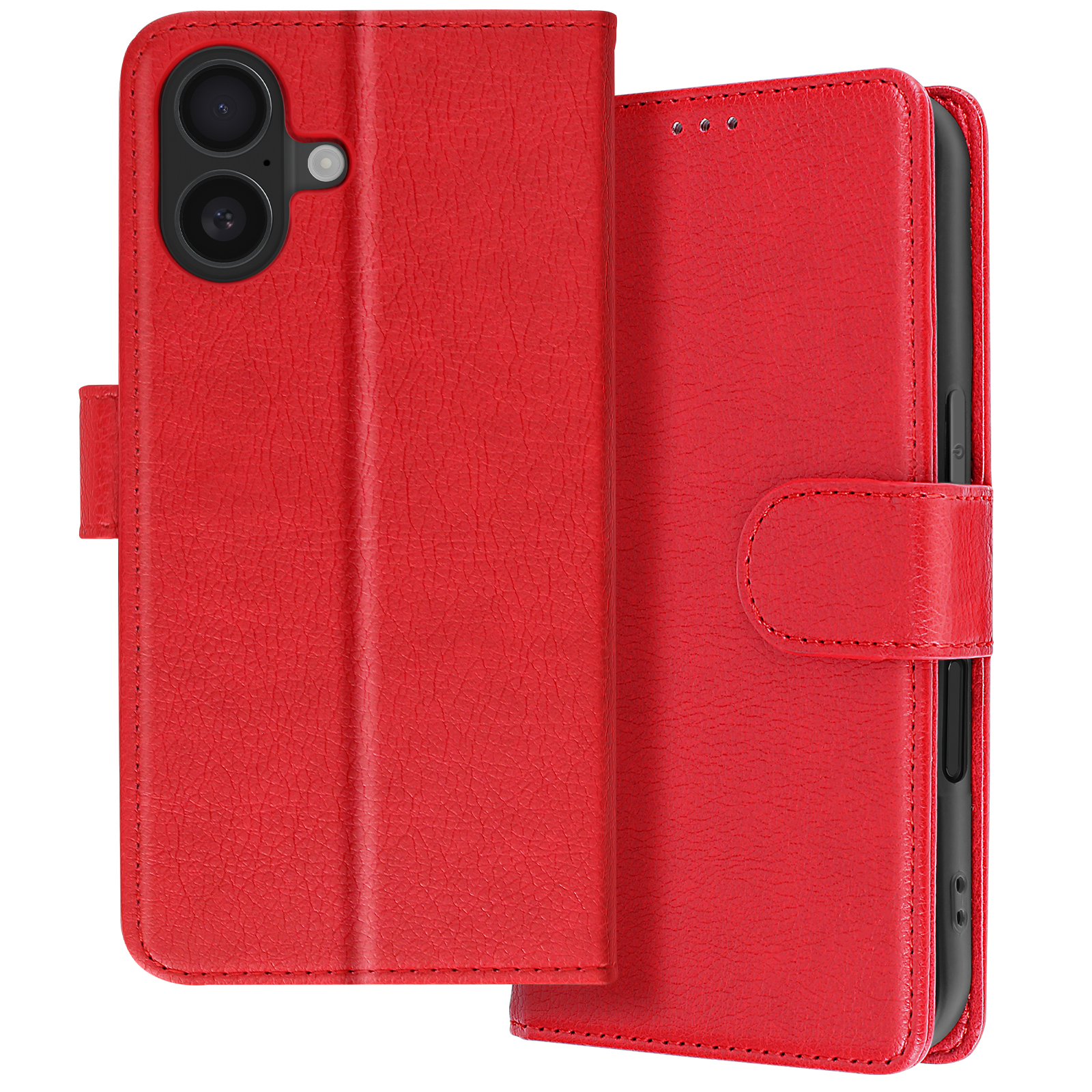 Custodia per telefono in pelle rossa, aperta per rivelare un telefono. Due fotocamere e una chiusura magnetica.