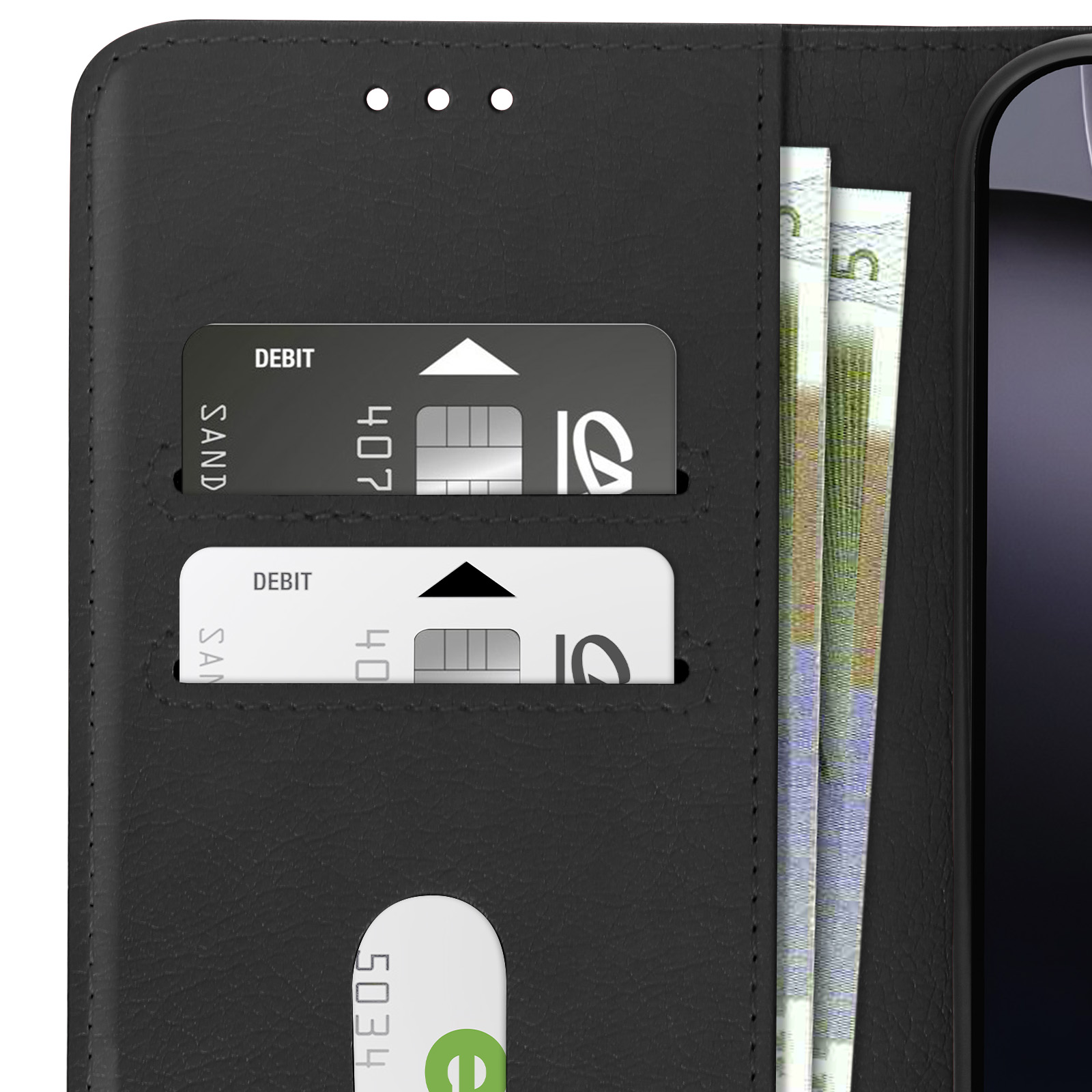 Custodia per telefono in pelle nera, aperta che mostra carte e denaro. Carte di credito e contanti sono visibili.