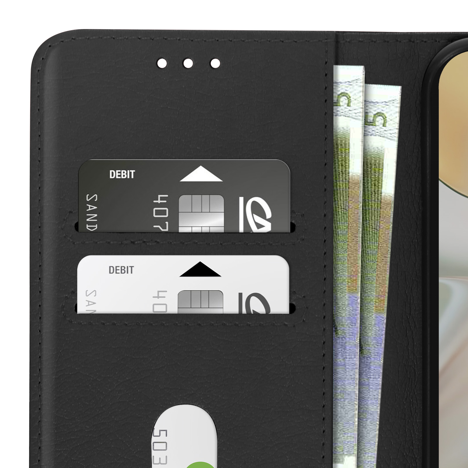 Custodia per telefono in pelle nera, aperta che mostra carte e denaro. Carte di credito e contanti sono visibili.