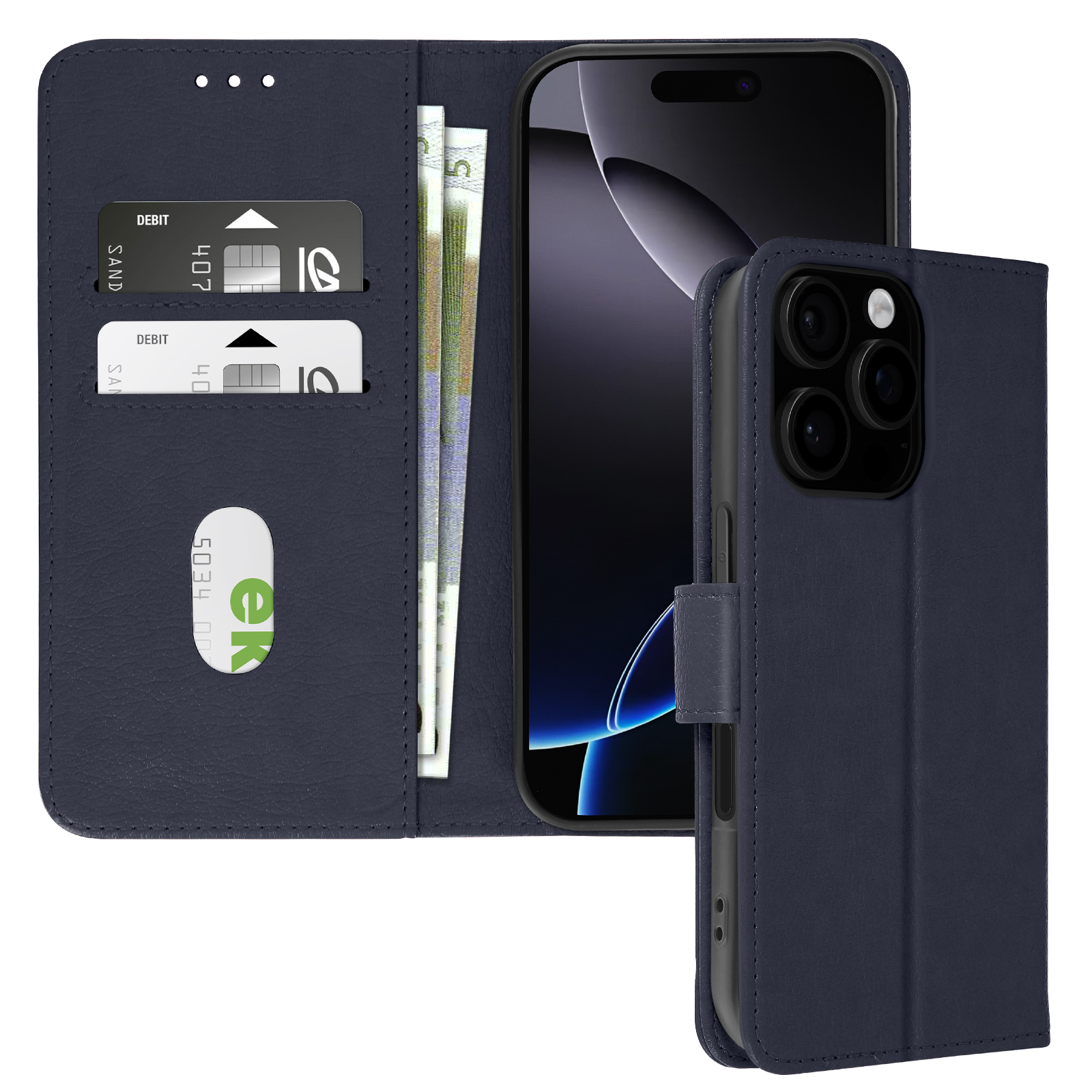 Custodia blu per telefono che mostra carte, denaro e schermo del telefono.