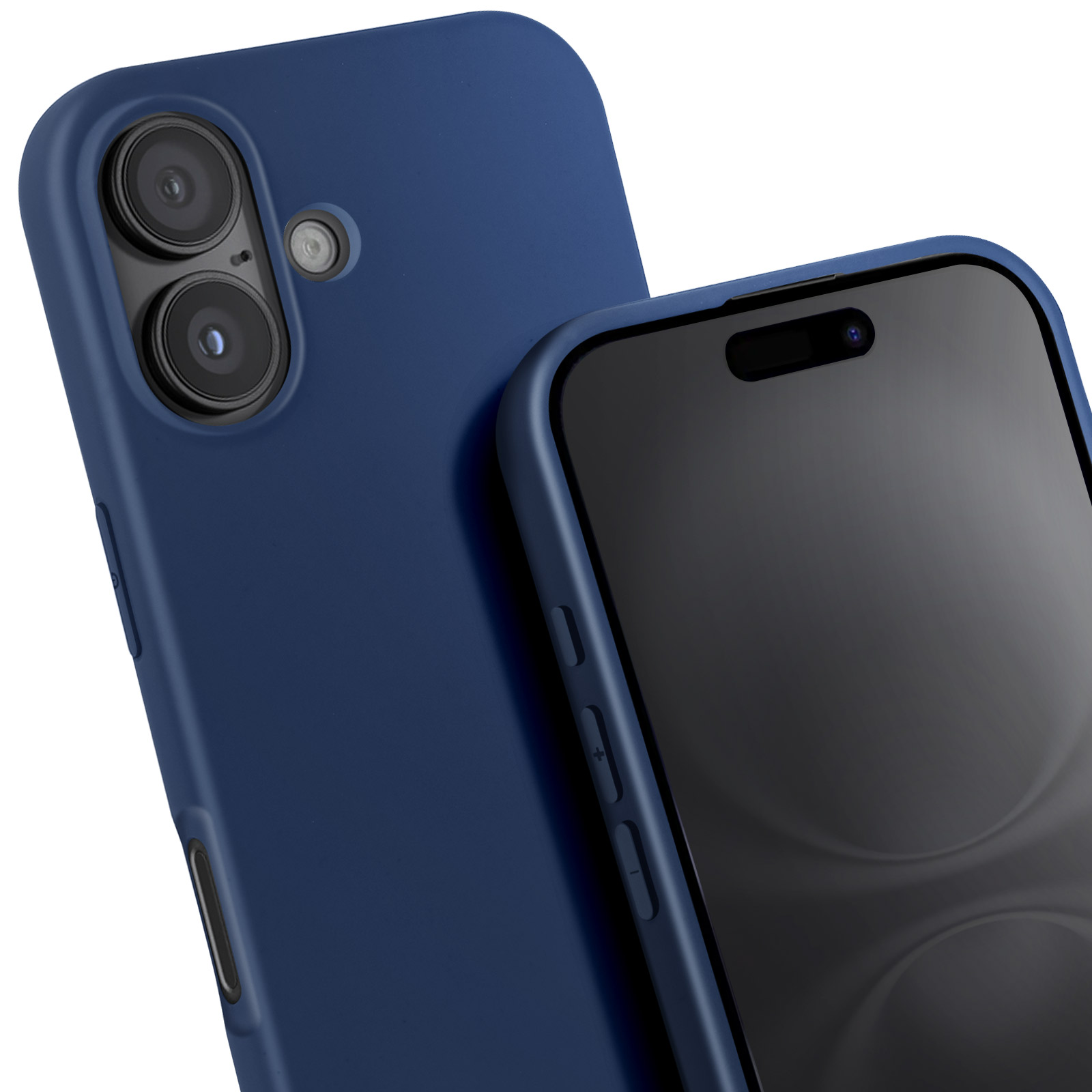 Due custodie blu per telefono, una che mostra il retro, l'altra lo schermo.