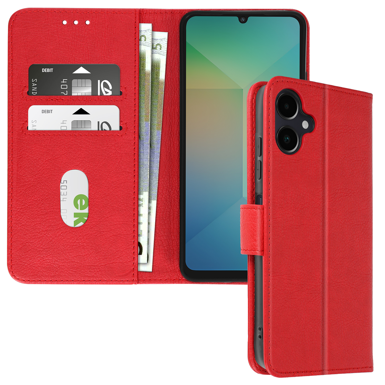 Custodia per telefono in pelle rossa, aperta. Telefono, carte e contanti sono visibili all'interno.