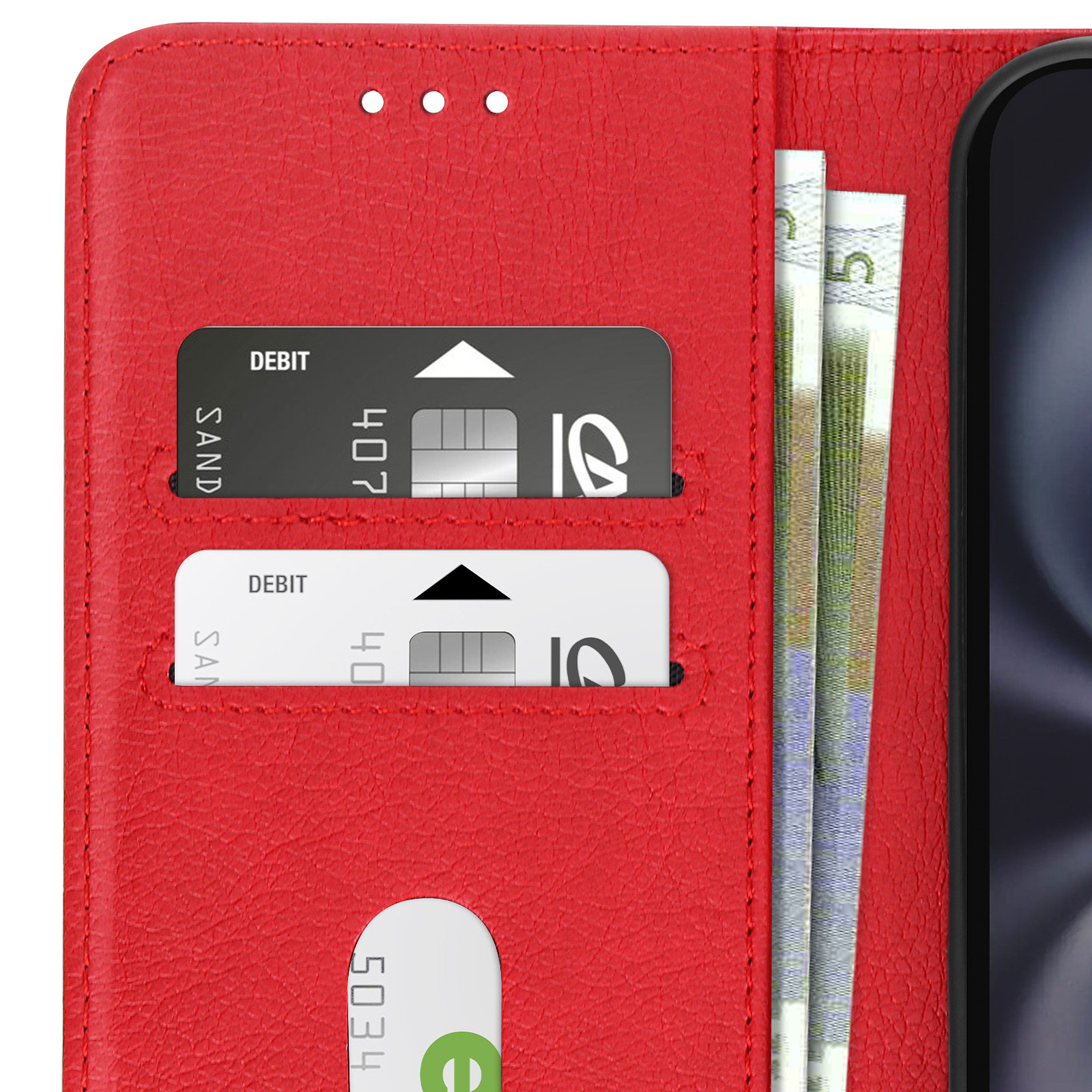 Custodia per telefono in pelle rossa, aperta. Carte di credito e banconote sono visibili.