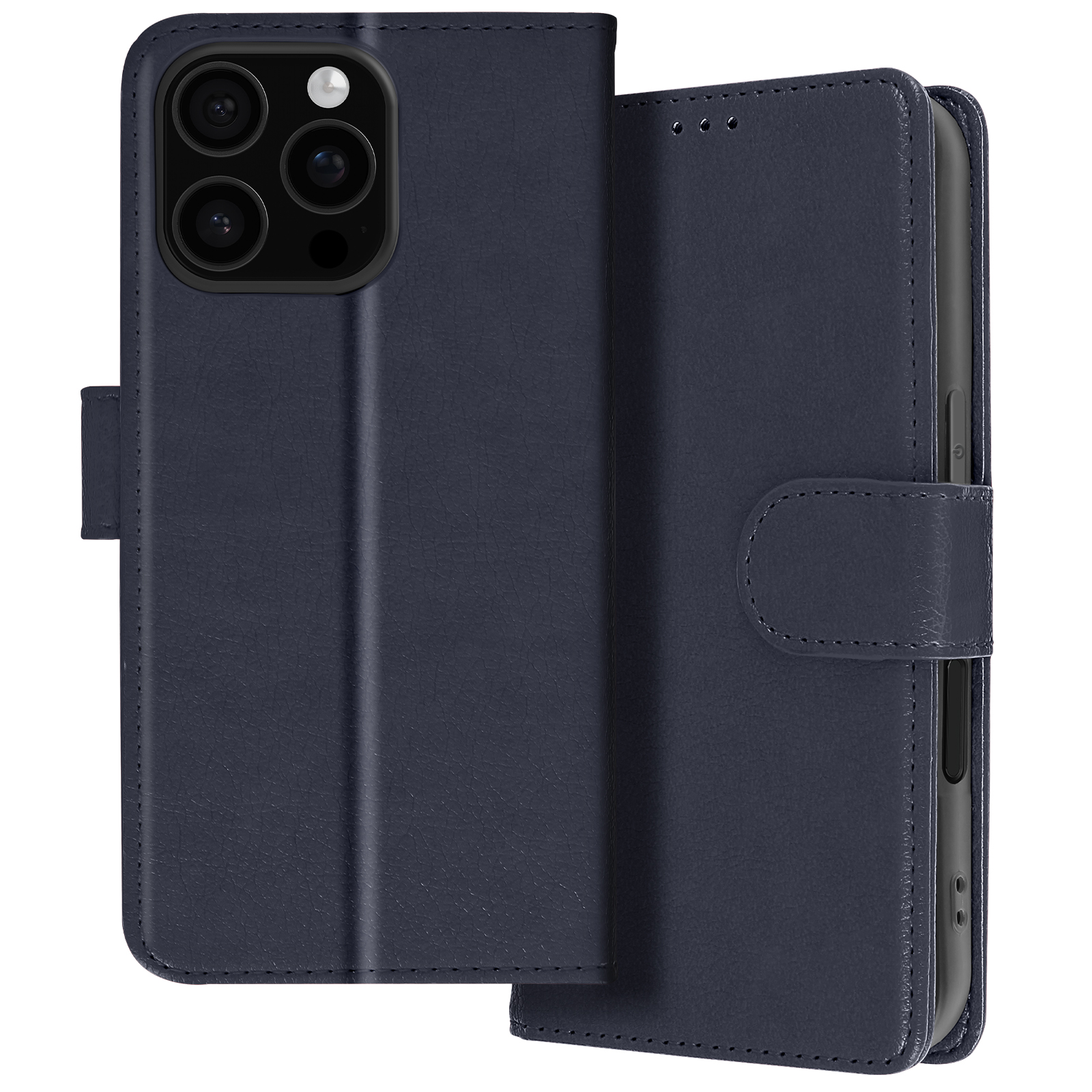 Custodia blu navy. Vista frontale e posteriore. Custodia aperta mostra il telefono.