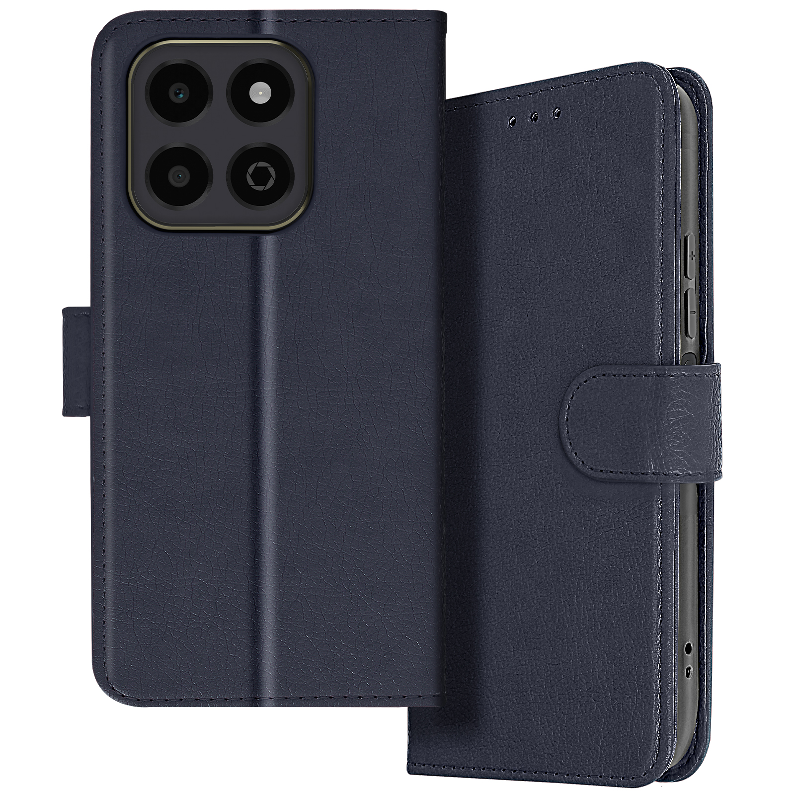 Custodia blu navy. Vista frontale e posteriore. Custodia aperta mostra il telefono.