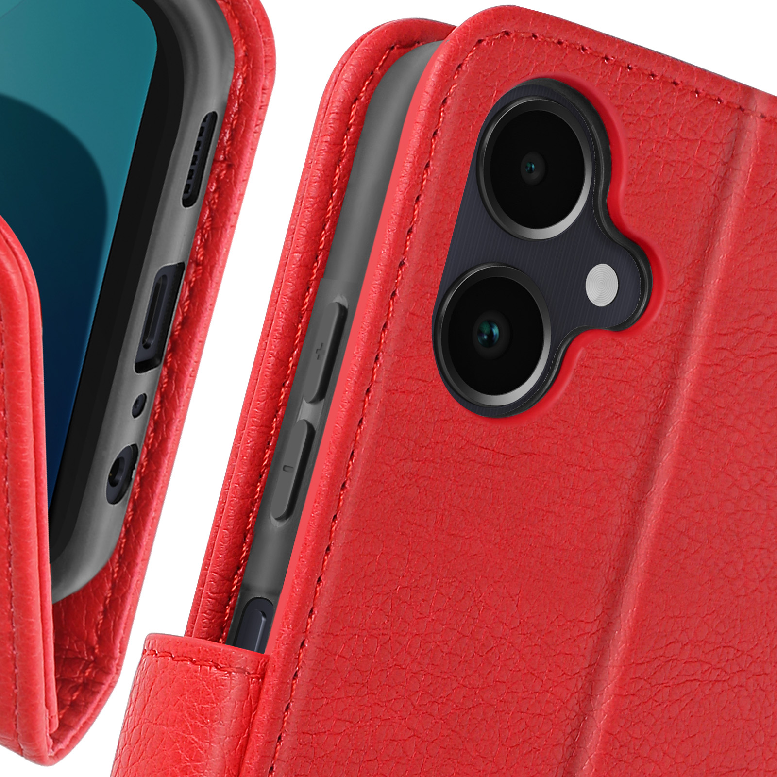 Dettaglio della custodia rossa. Telefono e custodia aperta visibili. Primo piano.