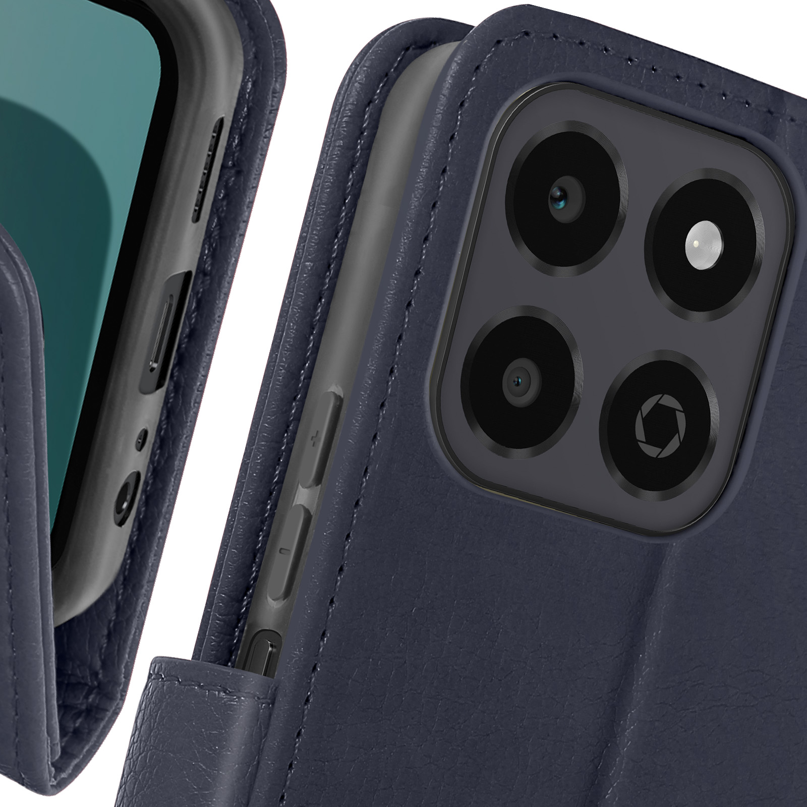 Dettaglio della custodia blu navy. Telefono e custodia aperta visibili. Primo piano.