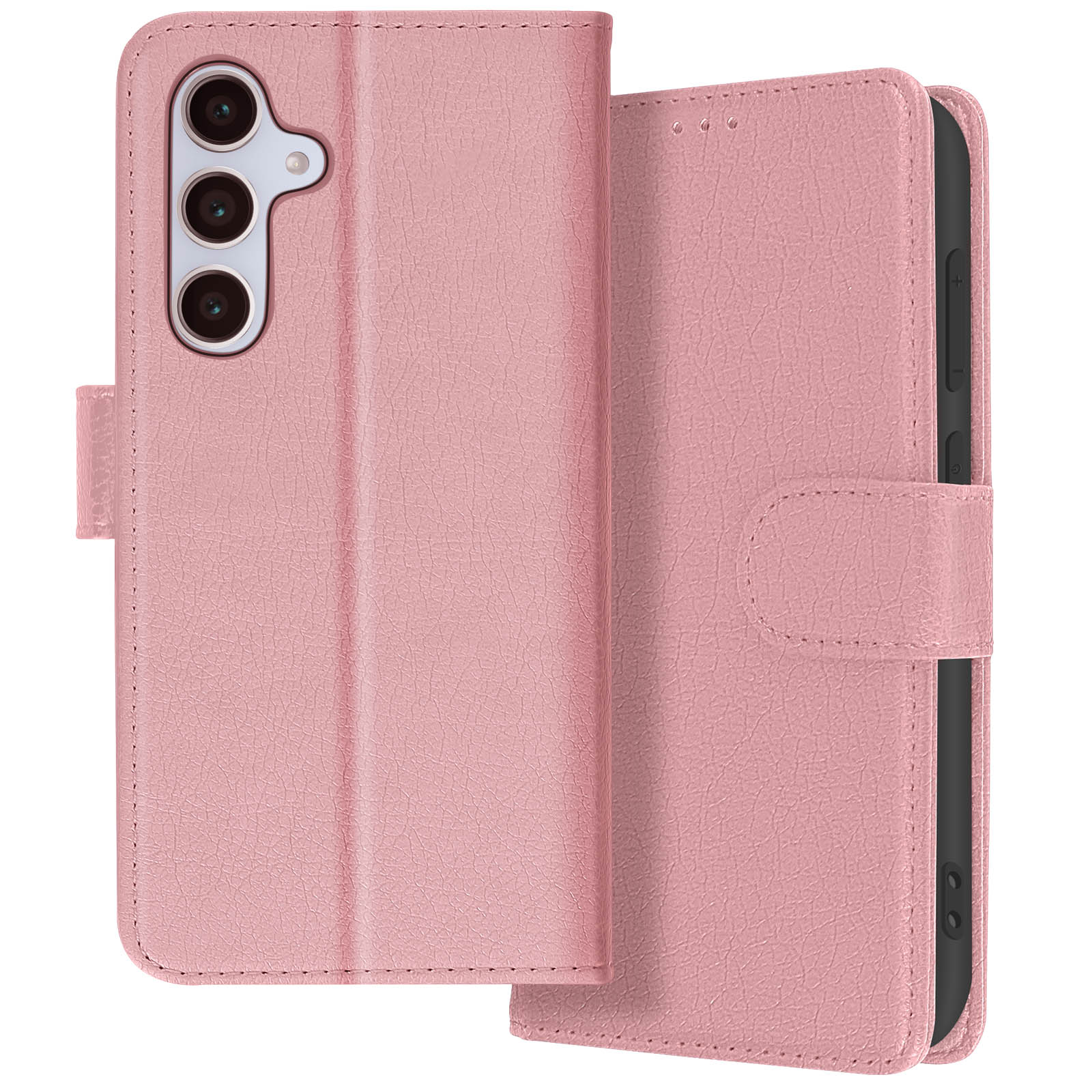 Funda de teléfono rosa abierta, mostrando teléfono y ranuras para tarjetas.