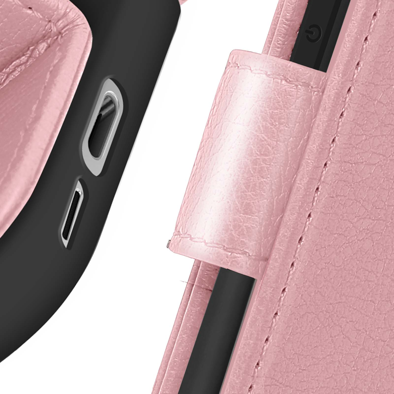 Primer plano de la funda rosa. Mostrando el lateral y la solapa abierta. Fondo blanco.