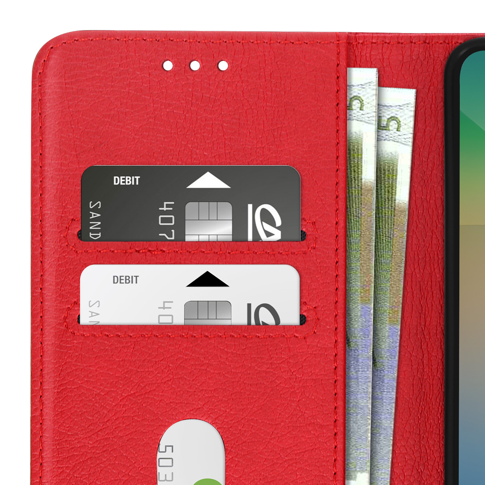 Custodia rossa. Due carte di debito e denaro all'interno. Custodia del telefono aperta.