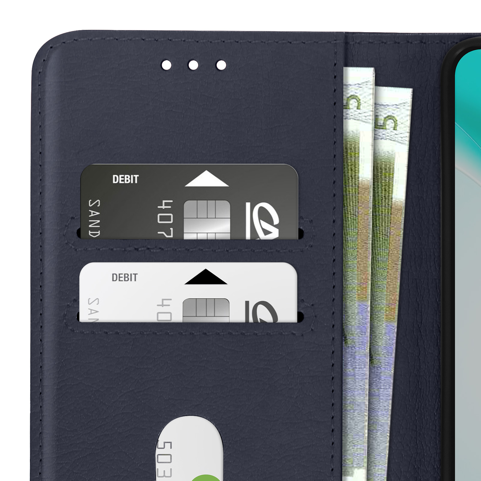 Primo piano di una custodia blu per telefono, che mostra carte, denaro e schermo del telefono.