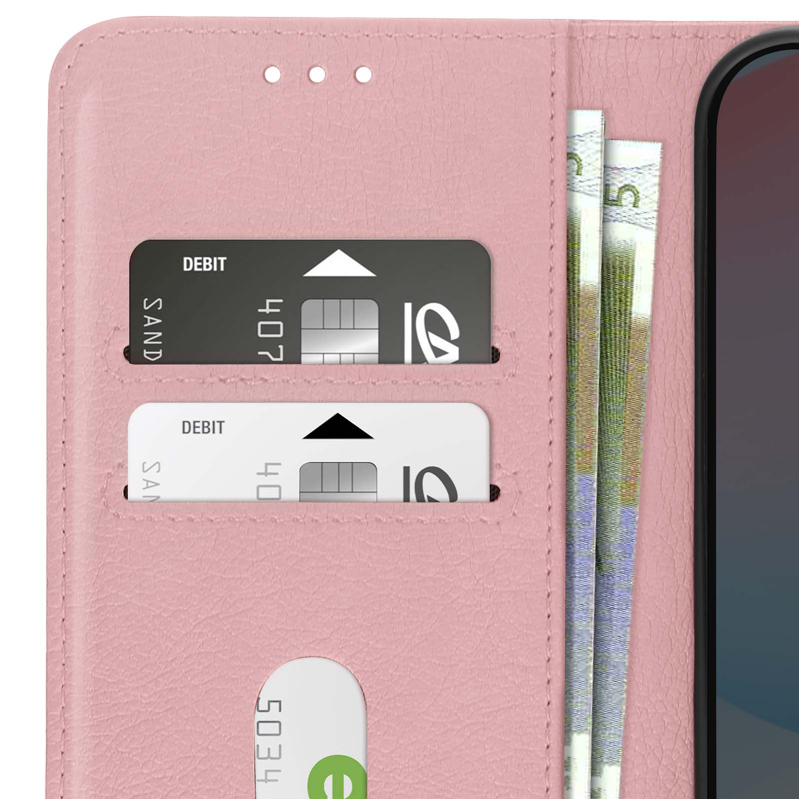 Funda rosa. Dos tarjetas de débito y dinero dentro. Funda de teléfono abierta.