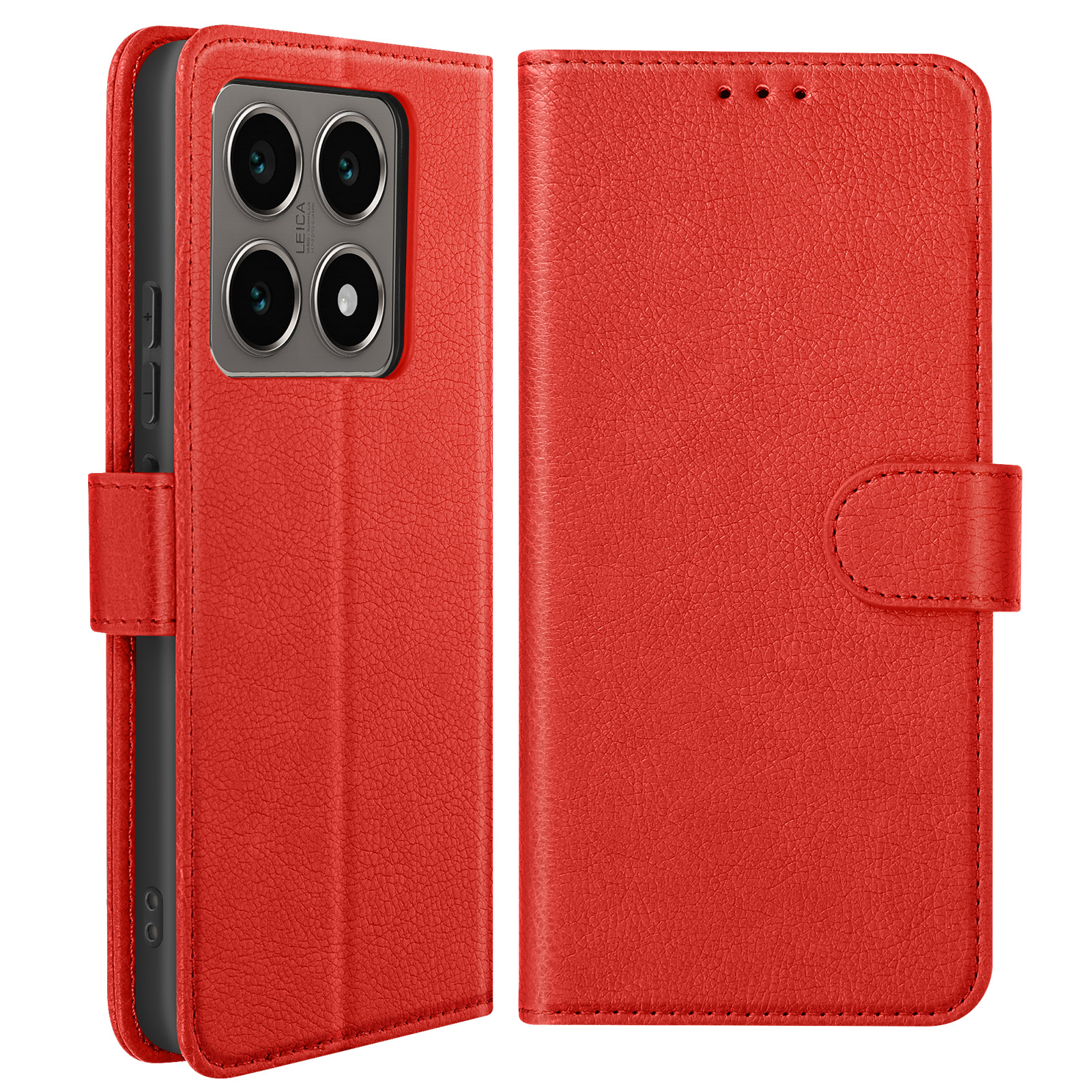 Custodia rossa per telefono, aperta che mostra il telefono e il design interno della custodia.