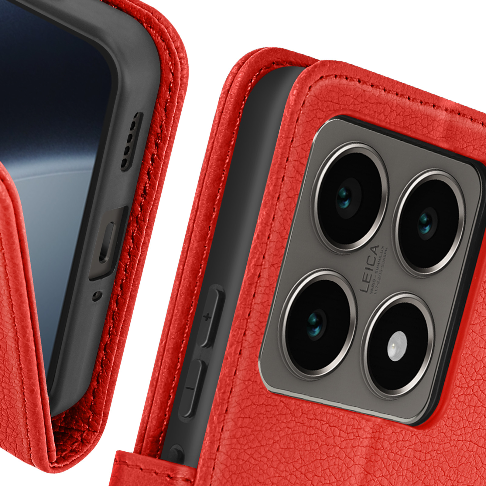 Primo piano di una custodia rossa per telefono con telefono attaccato. Il telefono ha più fotocamere.