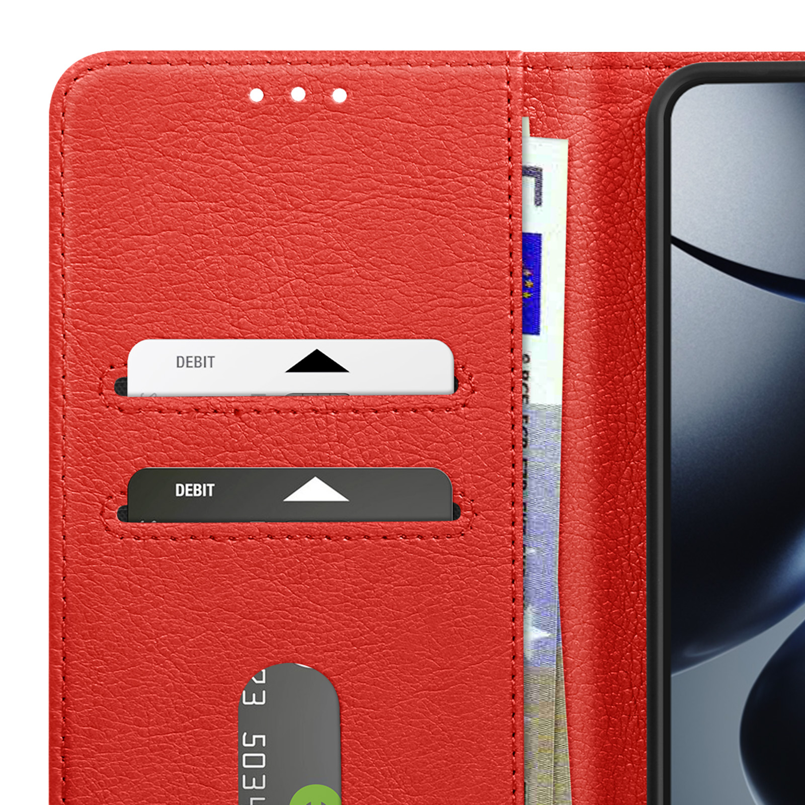 Custodia rossa per telefono aperta, che mostra carte di debito e denaro. Lo schermo del telefono è visibile.