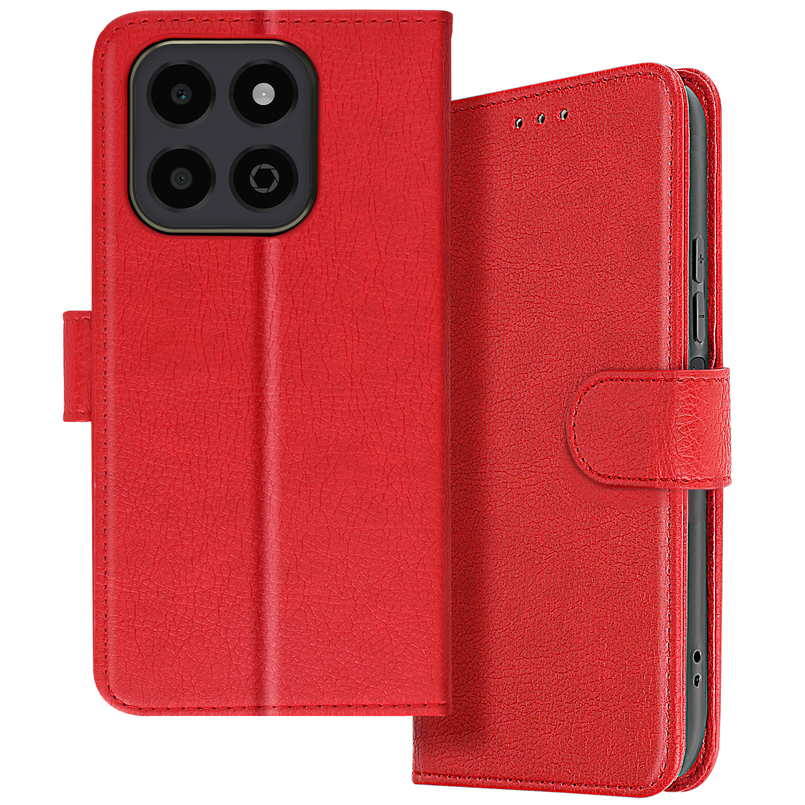 Custodia rossa per telefono con il telefono all'interno. La custodia è chiusa e le lenti della fotocamera sono visibili.