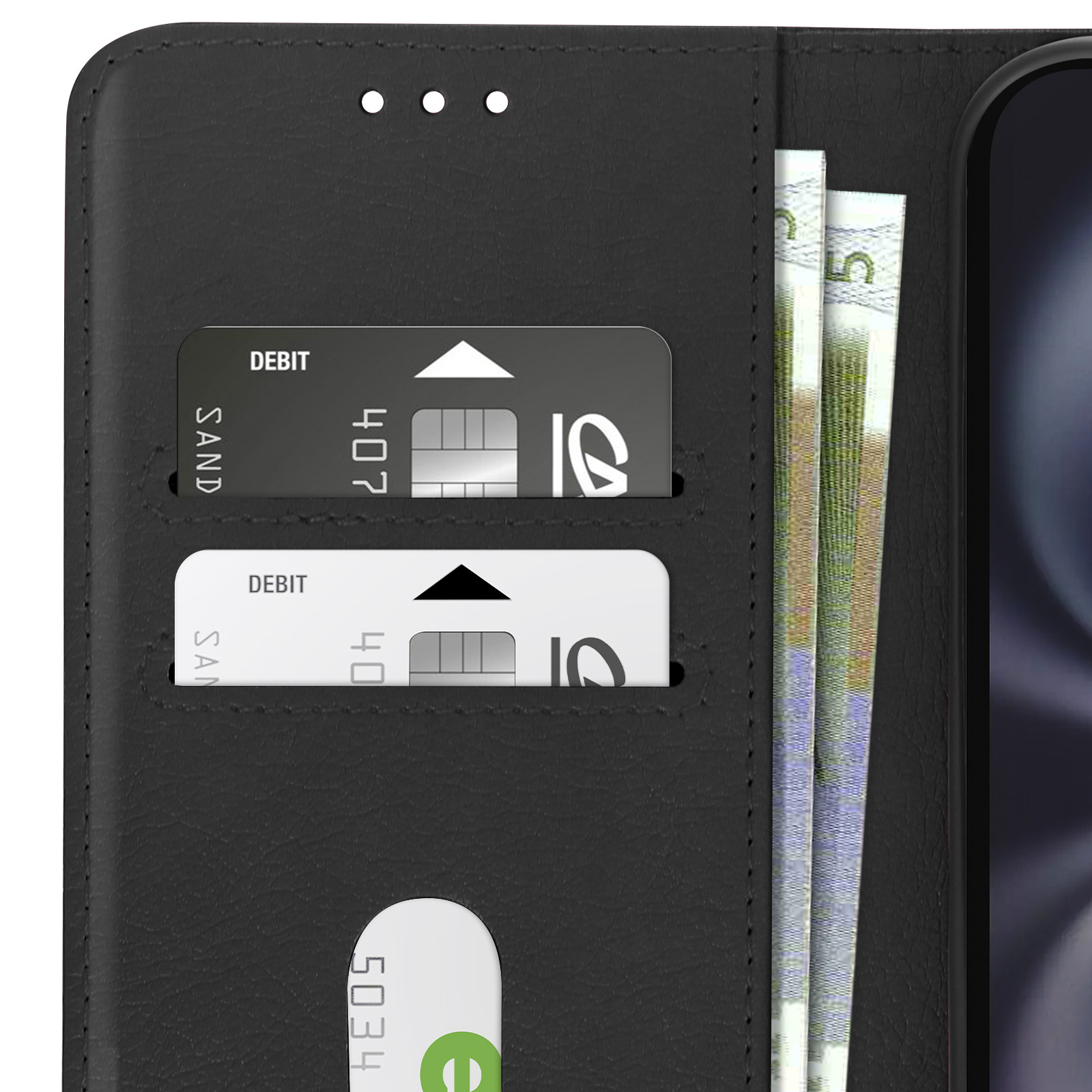 Custodia nera per telefono con due fessure per carte con carte e una sezione con banconote.