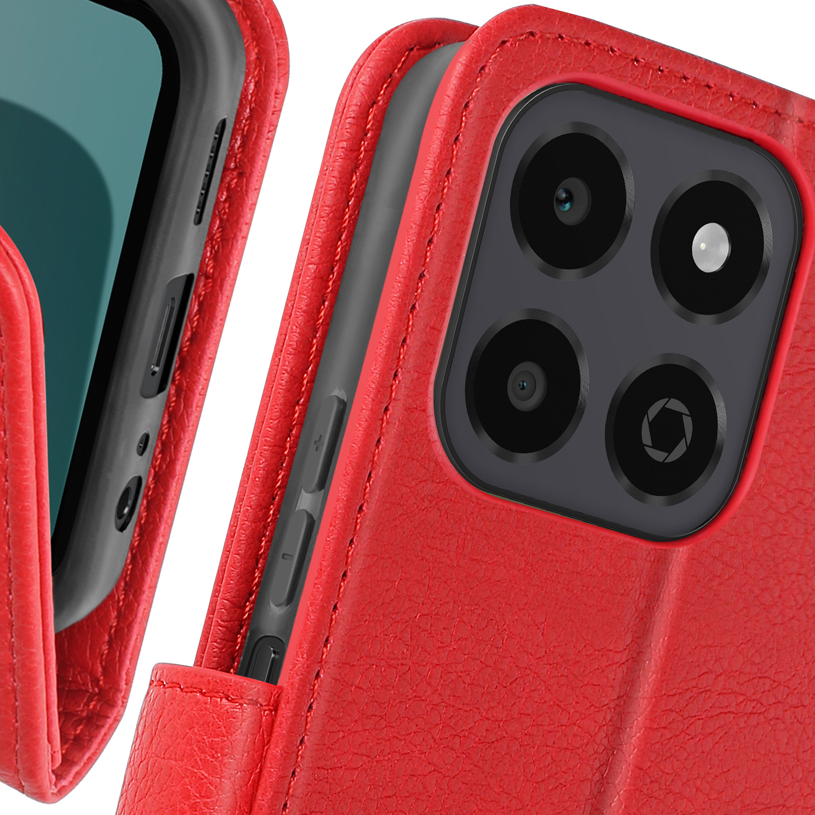 Custodia rossa per telefono con lenti della fotocamera visibili. La custodia è aperta, mostrando il modulo fotocamera e i pulsanti laterali.