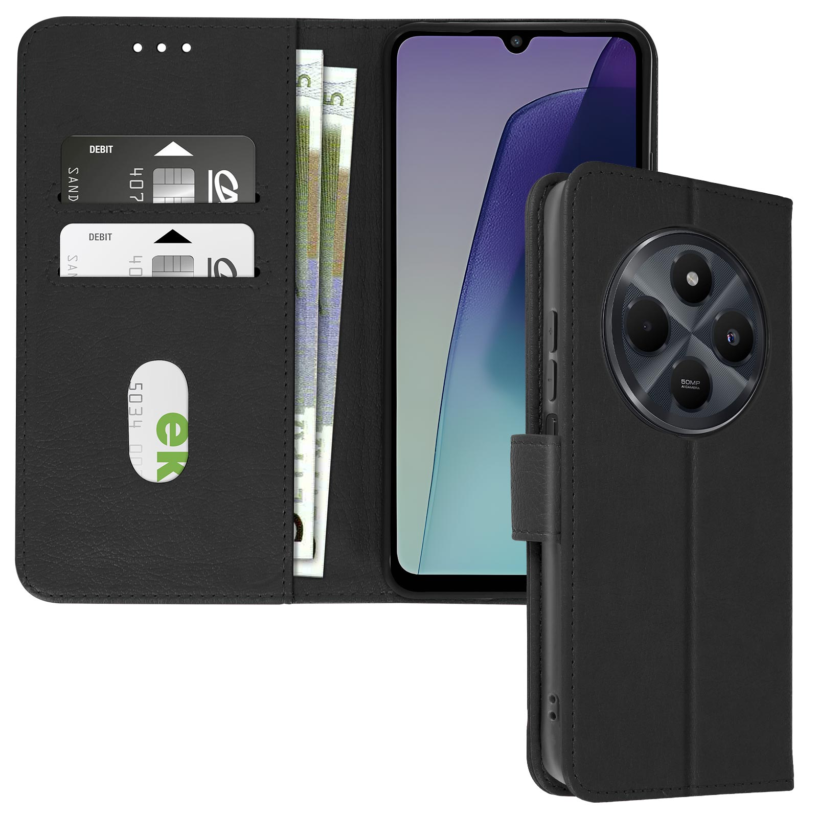 Custodia nera per telefono aperta per rivelare un telefono e fessure per carte con carte e banconote.