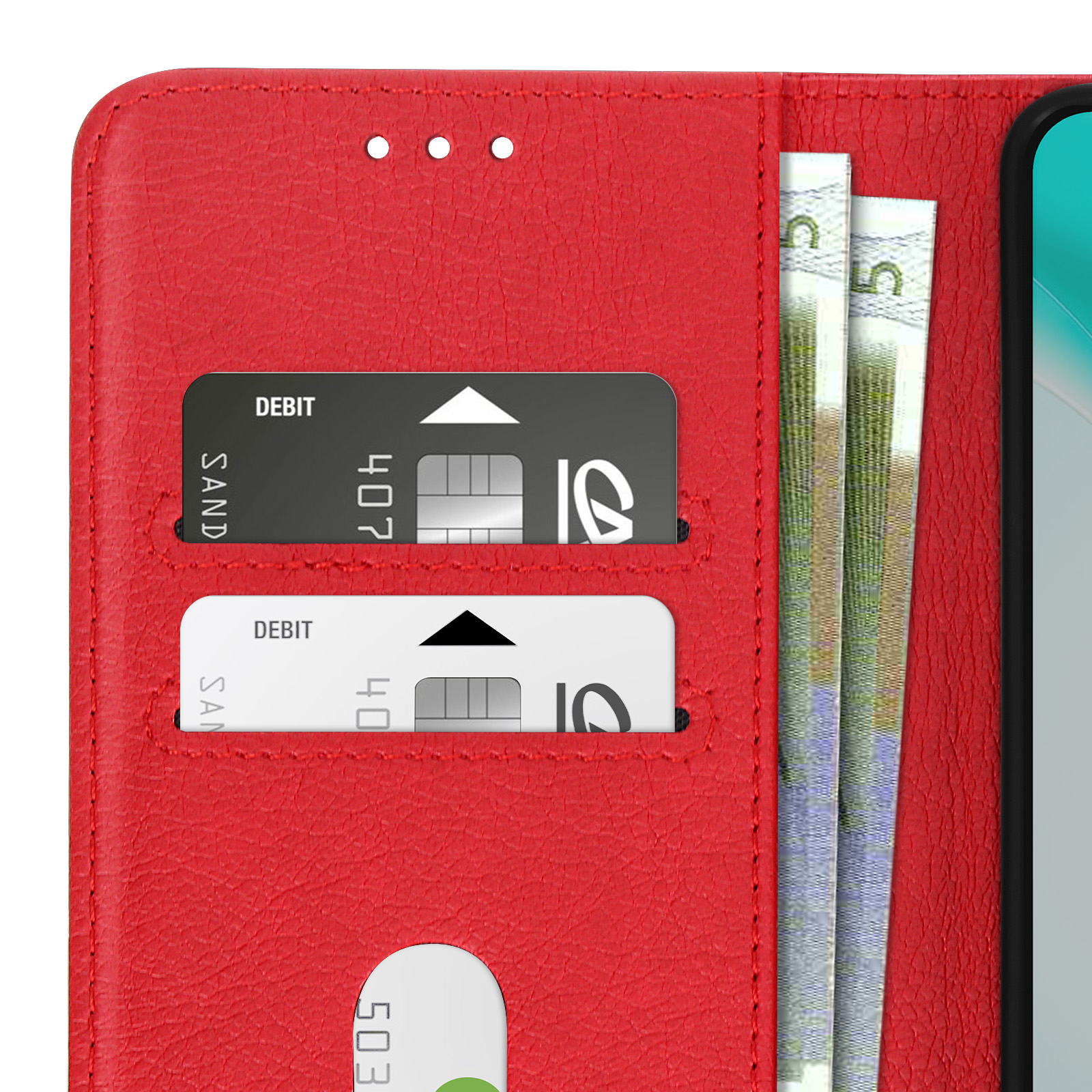 Custodia rossa per telefono aperta, che mostra carte di debito, denaro e lo schermo del telefono.