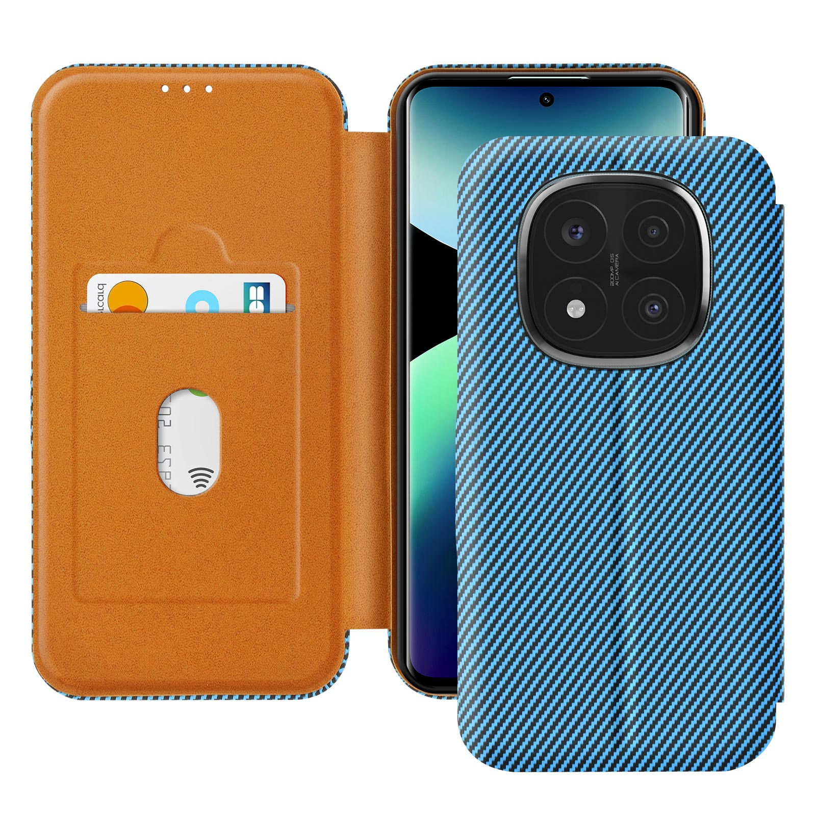 Custodia del telefono aperta con un telefono all'interno, che rivela fessure per carte e un retro a motivo denim.