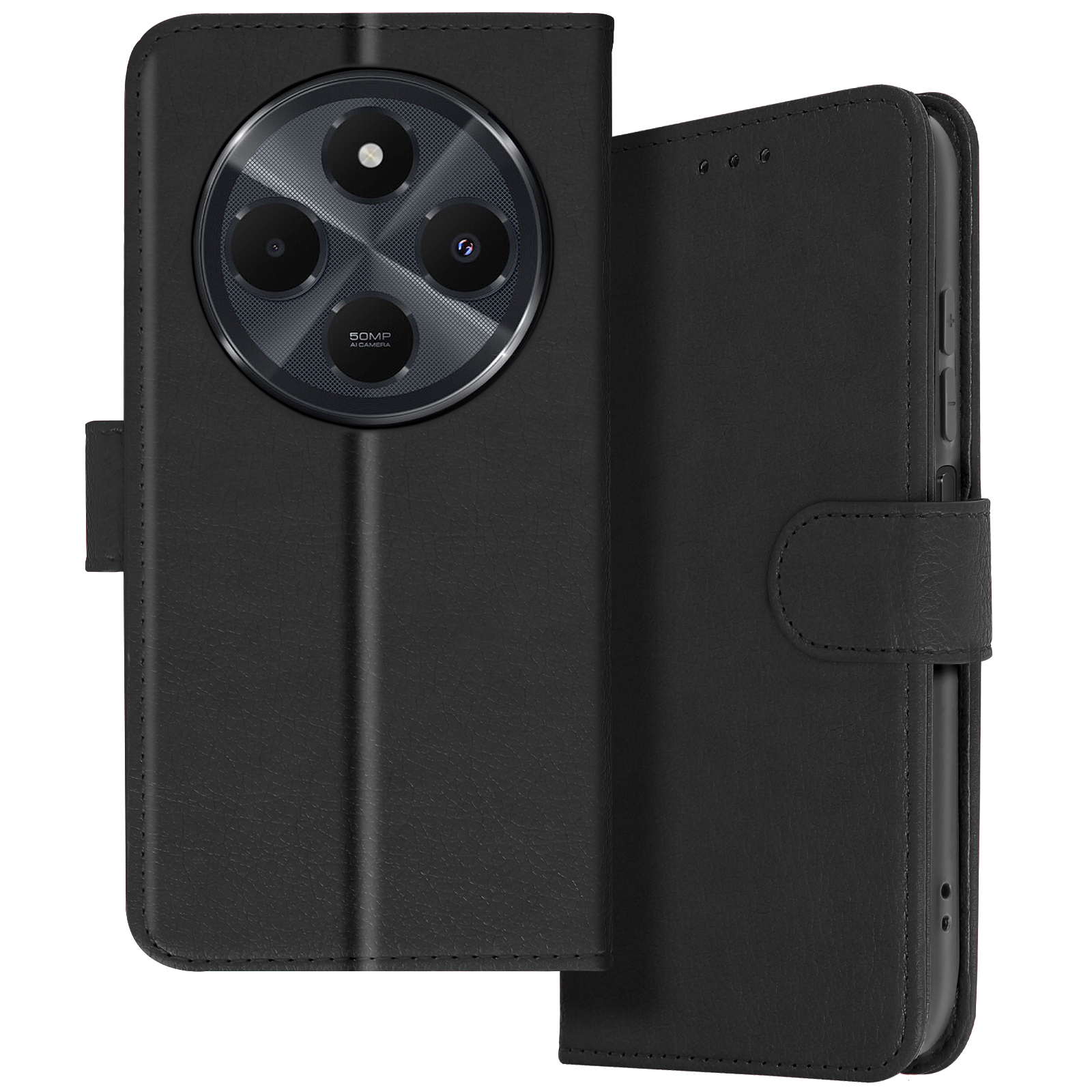 Custodia per telefono nera chiusa, che mostra telefono e obiettivi della fotocamera.