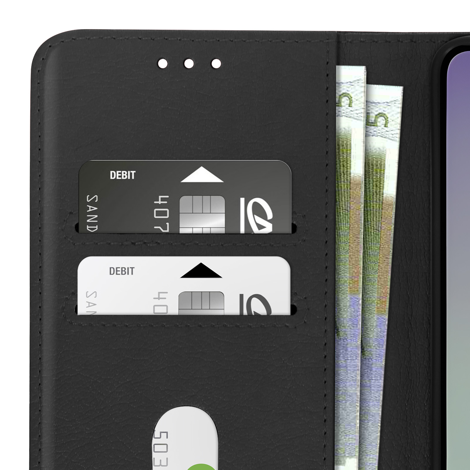 Custodia nera per telefono con fessure per carte che contengono carte e una sezione con banconote.
